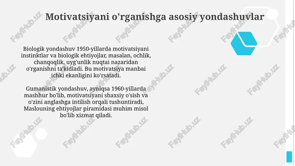 ehtiyojlar piramidasi kabi modellarni o'z ichiga oladi. rogersning shaxsga yo'naltirilgan terapiyasi empatiya, samimiylik va qabul qilish orqali o'z-o'zini anglashni 75% oshirishga intiladi. psixoanalitik yondashuvlar psixoanalitik nazariya motivatsiyani asosan ongsiz instinktlar, xususan, hayot (eros) va o'lim (thanatos) instinktlari orqali tushuntiradi, bu esa inson xatti-harakatini belgilaydi. freydning fikricha, motivatsiya bolalik davridagi tajribalar va hal qilinmagan ongsiz ziddiyatlar bilan bog'liq bo'lib, repressiya va sublimalizatsiya mexanizmlari orqali namoyon bo'ladi. ijtimoiy kognitiv yondashuvlar ijtimoiy kognitiv yondashuvlar o'z-o'zini samaradorlikka urg'u beradi, bu esa muvaffaqiyatga erishish uchun zarur bo'lgan 0.8-1.2 qiyinchilik darajasidagi vazifalarni hal qilish qobiliyatiga ishonchni anglatadi. bandura nazariyasiga ko'ra, kuzatuv orqali o'rganish (modellash) motivatsiyani oshiradi, chunki shaxs boshqalarning muvaffaqiyatini ko'rib, o'zining 0.6-0.9 potensialiga ishonadi. e'tiboringiz uchun rahmat image2.jpg image3.jpg image4.jpg image5.jpg image6.jpg image7.jpg image8.jpg