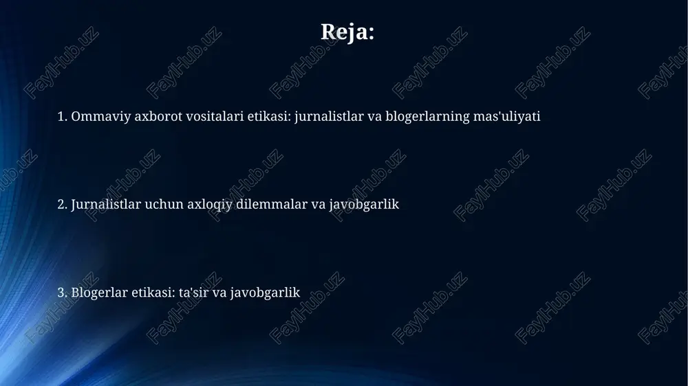 llariga to'liq javob berishni anglatadi. har bir detalning to'g'ri ekanligini tasdiqlang, misol uchun, raqamlar aniq bo'lishi kerak. xolislik va tarafkashlikdan xoli bo'lish xolislik, ma'lumotni taqdim etishda har bir fikrga teng imkoniyat berish, tarafkashlikdan xoli bo'lish esa, shaxsiy qarashlarni yashirish va o'zgartirmaslik demakdir. tarafdorlik, manbalarga bog'liq bo'lishi mumkin, ammo xolislikka ziyon yetkazishi mumkin. journalistlar № 5 qoidaga ko'ra, xolis bo'lish uchun turli xil manbalardan foydalanishi shart. maxfiylikni hurmat qilish maxfiylikni hurmat qilish shaxsiy hayotning 4-moddasida ko'rsatilganidek, senzura va shaxsiy ma'lumotlarni oshkor qilmaslikni anglatadi, bundan jamoat manfaatlari mustasno. jurnalistlar 1991 yildagi axborot erkinligi to'g'risidagi qonunga muvofiq ma'lumot olishda ehtiyot bo'lishlari va 10 dan ortiq manbani himoya qilishlari kerak. manbalarni himoya qilish 'manbalarni himoya qilish' 1990-yillardan boshlab kuchaydi, bu jurnalistlar va bloggerlar o'z manbalarining xavfsizligini ta'minlash uchun kurash olib borish zarurligini anglatadi. manbalarni himoya qilish tamoyillari 2005-yilda yanada rivojlandi, anonimlikni saqlash va maxfiy hujjatlarni e'lon qilishda ehtiyotkorlik bilan ish yuritish qoidalarini o'z ichiga …