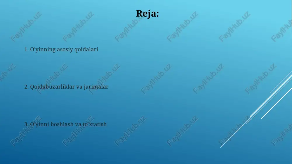 avtomatik ravishda beriladi. 9 metrlik chiziqdan tashqarida turgan holda, to‘p tashqi qismiga tegib o‘tib, darvozaga kiritilgan “uchish gollari” deb ataladigan gollar bor, ular juda qiyin hisoblanadi. ruxsat etilgan va ruxsat etilmagan harakatlar o'yinchi to'pni 3 soniyadan ortiq ushlab turolmaydi va qo'lda 3 qadamdan ortiq yurishga ruxsat etiladi; aks holda, qoida buzilishi deb hisoblanadi. himoyachiga hujumchining qo'lidan to'pni tortib olishga, uni ushlab turishga yoki urishga yo'l qo'yilmaydi; bu qoidabuzarlik 7 metrlik jarima zarbasiga olib kelishi mumkin. ogohlantirishlar ogohlantirish o'yinchi tomonidan qoidabuzarliklar uchun beriladi; 2 daqiqalik chetlatishlarsiz, ogohlantirishlar odatda qo'polliklar uchun beriladi va har bir o'yinchi uchun maksimal 3 ta ogohlantirish mumkin. jamoa uchun ogohlantirishlar soni muhim: jamoa 8 tagacha ogohlantirish olsa, keyingi qoidabuzarlik uchun majburiy 2 daqiqalik chetlatish tayinlanadi, bu jamoaviy javobgarlikni ko'rsatadi. chetlatishlar chetlatishlar o'yinchiga nisbatan qo'pol qoidabuzarliklar, sportga xos bo'lmagan xatti-harakatlar yoki takroriy ogohlantirishlar uchun 2 daqiqaga beriladi va bu jamoani kamaytiradi. uch marta 2 daqiqalik chetlatish olgan o'yinchi, …