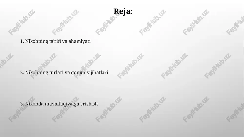 tiladi. empatiya, ya'ni sherikning his-tuyg'ularini tushunish va baham ko'rish qobiliyati nikohda muhim rol o'ynaydi. empatiyaning 80% darajasi munosabatlardagi mojarolarni kamaytiradi va 20% dan ortig'i ziddiyatlarni keltirib chiqaradi. baxtli nikohning asoslari baxtli nikohning asosi - bu hurmat. er-xotin bir-birining fikriga 100% hurmat bilan qarashi, kamida 90% holatda bir-birini tushunishga harakat qilishi zarur. baxtli nikoh uchun muloqot muhim, kamida haftasiga 5 soat birga sifatli vaqt o'tkazib, 2 ta umumiy qiziqishga ega bo'lish kerak. nikohdagi muammolar va ularni hal qilish yo'llari moliyaviy kelishmovchiliklar ko'pincha stressni keltirib chiqaradi. budjetni birgalikda tuzish, moliyaviy maqsadlarni belgilash va xarajatlarni muhokama qilish, o'zaro tushunishni rivojlantirib, muammolarni hal qiladi. aloqa muammolari asosiy sabablardan biridir. er-xotinlar uchun faol tinglash, his-tuyg'ularni ifoda etish va murosaga kelish muhim. maslahatchi yordami ham muhim bo'lishi mumkin. nikoh va oilaviy munosabatlar o'zbekistonda nikoh tuzish uchun erkaklar va ayollar 18 yoshga to'lishi kerak, bu fuqarolik kodeksining 14-moddasida belgilangan qonuniy talab hisoblanadi. oila kodeksining 16-moddasiga muvofiq, qarindoshlar …