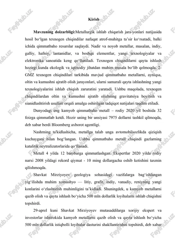 immatlab ketdi. hozir uning bir unsiyasi 7975 dollarni tashkil qilmoqda, deb xabar berdi bloomberg axborot agentligi. nashrning ta'kidlashicha, metallga talab unga avtomobilsozlikda qiziqish kuchaygani bilan bog‘langan. ushbu qimmatbaho metall chiqindi gazlarning katalitik neytralizatorlarida qo‘llanadi. metall 4 yilda 12 barobarga qimmatlashgan. ekspertlar 2020 yilda rodiy narxi 2008 yildagi rekord qiymat - 10 ming dollargacha oshib ketishini taxmin qilishmoqda. shavkat mirziyoyev geologiya sohasidagi vazifalarga bag‘ishlangan yig‘ilishda muhim xomashyo — litiy, grafit, indiy, vanadiy, reniyning yangi konlarini o‘zlashtirish muhimligini ta’kidladi. shuningdek, u kamyob metallarni qazib olish va qayta ishlash bo‘yicha 500 mln dollarlik loyihalarni ishlab chiqishni topshirdi. 29-aprel kuni shavkat mirziyoyev mutasaddilarga xorijiy ekspert va investorlar ishtirokida kamyob metallarni qazib olish va qayta ishlash bo‘yicha 500 mln dollarlik istiqbolli loyihalar dasturini shakllantirishni topshirdi, deb xabar berdi prezident matbuot xizmati. unda davlat rahbari muhim xomashyo — litiy, grafit, indiy, vanadiy, reniyning mavjud konlarini o‘zlashtirish va yangi konlarni ochishni kengaytirish muhimligini ta’kidladi. yig‘ilishda, shuningdek, o‘zbekistonda …