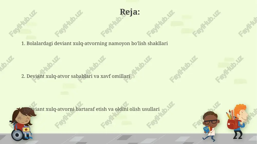ablaridan biri bo'lib, bu bolaning ruhiy holati jiddiy buzilganligini ko'rsatadi. o'z joniga qasd qilish xatti-harakatlariga intilishda oiladagi zo'ravonlik, do'stlar bilan kelishmovchiliklar va maktabda ta'qib qilish kabi bir qator ijtimoiy omillar ta'sir ko'rsatishi mumkin. giyohvand moddalar va spirtli ichimliklarni iste'mol qilish giyohvand moddalar va spirtli ichimliklar bolalarda erta rivojlanish davrida miya faoliyatiga zarar yetkazishi, kognitiv qobiliyatlarni pasaytirishi mumkin, ayniqsa 13-17 yosh orasida. spirtli ichimliklar va giyohvand moddalarni iste'mol qilish bolalarda o'ziga ishonchsizlik, depressiya, 18 yoshga to'lmasdan oldin ruhiy kasalliklar rivojlanish xavfini 2-3 barobar oshiradi. jinsiy tajovuzkorlik xatti-harakatlari jinsiy tajovuzkorlik xatti-harakatlari erta bolalikda paydo bo'lishi mumkin, bunda 3-5 yoshdagi bolalar jinsiy qiziqish va tajribalarni namoyon etishi mumkin. o'smirlar orasida jinsiy tajovuzkorlik xatti-harakatlari zo'ravonlikning 1-darajali shakli bo'lib, jabrlanuvchiga jismoniy va ruhiy zarar yetkazishi mumkin. ijtimoiy normalarni buzish ijtimoiy normalarni buzish erta bolalik davrida o'g'irlik, mulkni yo'q qilish kabi 5-7 yoshdagi xatti-harakatlar bilan namoyon bo'lishi mumkin. maktab yoshidagi bolalarda ijtimoiy normalarni buzish zo'ravonlik (fizik …