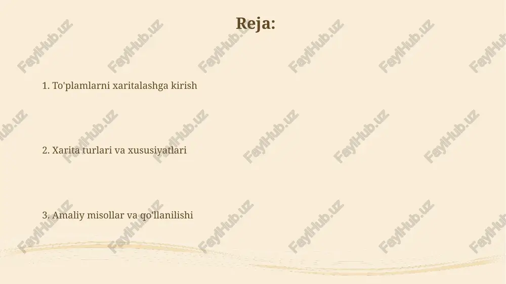 alash usullaridan biri analitik usuldir, bunda funksiya 𝑓(𝑥) tenglama orqali ifodalanadi, masalan, 𝑦 = 3𝑥 + 2, bu yerda har bir 𝑥 qiymati uchun yagona 𝑦 qiymati topiladi. grafik usul xaritalashni vizual tarzda ifodalash uchun ishlatiladi, koordinatalar sistemasida nuqtalar toʻplami (𝑥, 𝑓(𝑥)) sifatida koʻrsatiladi; 𝑓(𝑥) = 𝑥² parabola misol boʻla oladi. teskarisi xarita “teskarisi xarita” akslantirishning teskari jarayonini ifodalaydi, ya'ni 100% o'zgarishlar akslantirishni teskari tomonga o'zgartirish orqali boshlang'ich xaritani qayta tiklash imkonini beradi. ba'zi hollarda, “teskarisi xarita” bir nechta echimlarga ega bo'lishi mumkin; masalan, bir xilda qiymatga ega bo'lgan 50 ta nuqta akslantirilganda, ularni qayta tiklashda noaniqliklar yuzaga keladi. xarita kompozitsiyasi xarita kompozitsiyasi 1: xaritada vizual ierarxiya yaratish uchun 2 yoki 3 xil ranglar kombinatsiyasidan foydalanish, muhim elementlarni ajratib ko'rsatish uchun ahamiyatli. xarita kompozitsiyasi 2: xarita elementlarini joylashtirishda "oltin kesim" (taxminan 1.618 nisbat) kabi matematik prinsiplardan foydalanish 4 ta asosiy qoidaga muvofiq bo'ladi. xaritalashning xususiyatlari xaritalashda 1:1 moslik mavjud bo'lib, …
