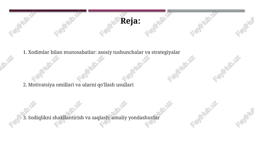 imning fikrini inobatga olish va jamoaviy loyihalarda ishtirok etishni ta'minlash orqali 25%gacha motivatsiya o'sishi kuzatiladi. sodiqlikni shakllantirish: muhim omillar xodimning o'z tashkilotiga sodiqligini shakllantirishda adolatli ish haqi va mukofotlash tizimi muhim, bu xodimlarning o'z ishiga bo'lgan qiziqishini 30% ga oshirishi mumkin. ochiq muloqot va rahbarlar tomonidan qo'llab-quvvatlash xodimlarning tashkilotga sodiqligini kuchaytiradi, bu esa xodimlar orasida o'zaro hurmatni 25% ga oshiradi. karyera o'sishi imkoniyatlari va malaka oshirish dasturlari xodimlarning tashkilotda uzoq muddat qolish istagini 40% ga oshirib, sodiqlikni mustahkamlaydi. soddlilikni o'lchash va baholash usullari xodimlar o'rtasida so'rovlar o'tkazish orqali soddiqlik baholanadi, bunda qoniqish, tashkilotga bag'ishlanganlik va kelajakdagi rejalar kabi ko'rsatkichlar 5 ballik shkala asosida o'lchanadi. soddiqlikni o'lchash uchun employee net promoter score (enps) qo'llaniladi, bunda xodimlardan 0-10 ball oraliğida tashkilotni tavsiya etish darajasi so'raladi. yuqori ballar soddiqlikni aks ettiradi. chiqish intervyulari soddiqlikning sabablarini aniqlashga yordam beradi, bunda xodimning ketish sabablari, tashkilotdagi tajribasi va takliflari yig'iladi, bu esa soddiqlikni baholashning bir usuli. …