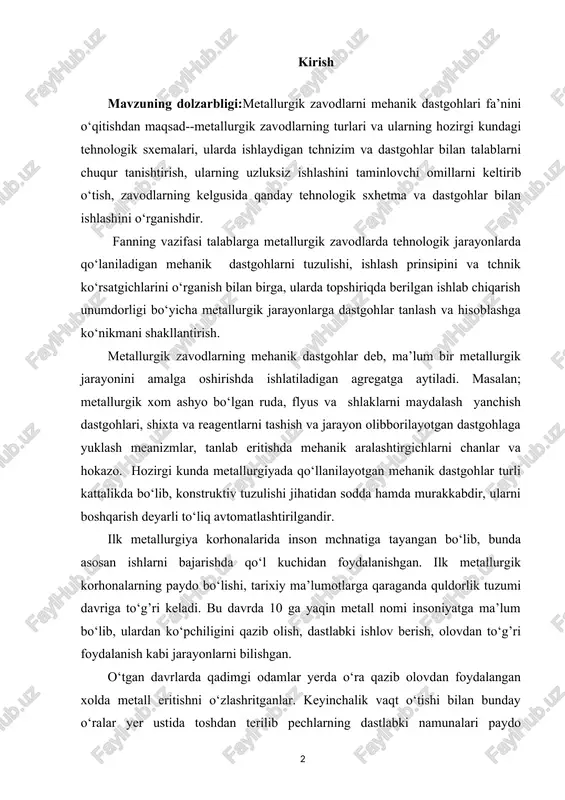 mchnatiga tayangan bo‘lib, bunda asosan ishlarni bajarishda qo‘l kuchidan foydalanishgan. ilk metallurgik korhonalarning paydo bo‘lishi, tarixiy ma’lumotlarga qaraganda quldorlik tuzumi davriga to‘g’ri keladi. bu davrda 10 ga yaqin metall nomi insoniyatga ma’lum bo‘lib, ulardan ko‘pchiligini qazib olish, dastlabki ishlov berish, olovdan to‘g’ri foydalanish kabi jarayonlarni bilishgan. o‘tgan davrlarda qadimgi odamlar yerda o‘ra qazib olovdan foydalangan xolda metall eritishni o‘zlashritganlar. keyinchalik vaqt o‘tishi bilan bunday o‘ralar yer ustida toshdan terilib pechlarning dastlabki namunalari paydo bo‘lishiga olib keldi. o‘rta asrlarga kelib insoniyatga ma’lum bo‘lgan metallar soni oshdi. metallar soni oshishi xamda insonning aql idrokining yuksalishi bir qancha metallarga ishlov berish jarayonlarini mchanizasiyalanishi va bir qancha dastgohlar paydo bo‘lishiga olib keldi. jumladan, oltin va kumush rudalarini maydalovchi dastgohlarning paydo bo‘lishi oltin sanoatining rivojlanishiga o‘z xissasini qo‘shdi. shunindek oltin boyitmalarini yuvish va keraksiz jinslardan ajratish uchun tarnov, cho‘ktirish mashinalari kabi dastgohlar paydo bo‘ldi. oltin va shunga o‘xshash metallarni ajratishda suvdan ham foydalanishgan. keyinchalik bu …