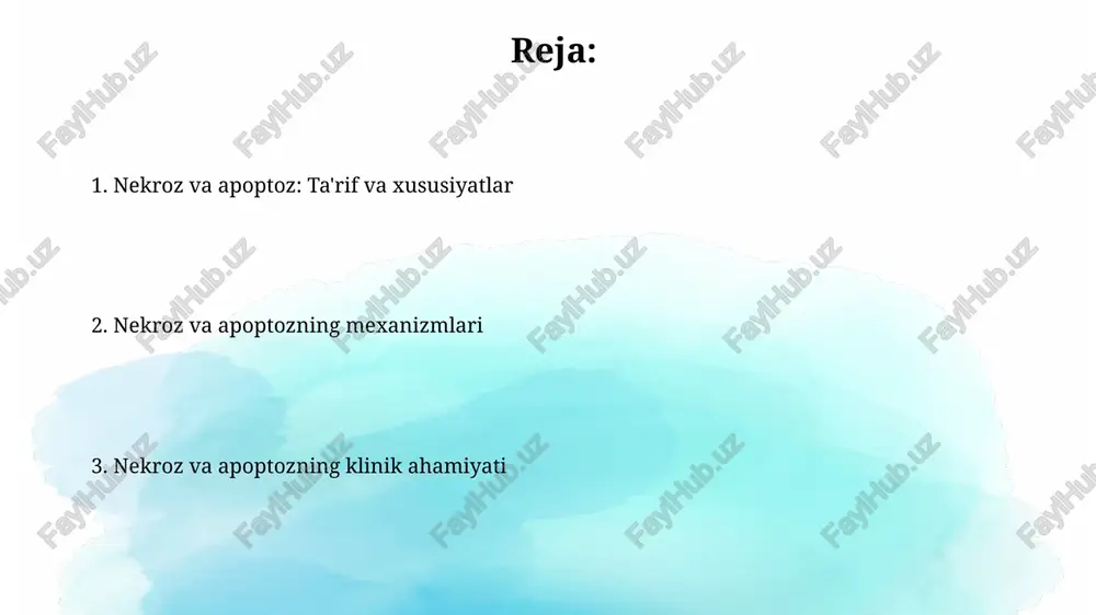 orfologiyasi hujayra va to'qimalarda bir qator xarakterli o'zgarishlarni o'z ichiga oladi, masalan, hujayra shishishi va organellalarning buzilishi, bu mitoxondriyalarning disfunktsiyasiga olib keladi. nekrotik hujayralar yadro o'zgarishlarini boshdan kechiradi, jumladan piknoz (yadro kichrayishi), karioreksis (yadro fragmentatsiyasi) va karioliz (yadro erishi), bu fermentativ parchalanish natijasidir. nekrozning turlari koagulyatsion nekroz oqsillarning denaturatsiyasi bilan xarakterlanadi, hujayra tuzilishi saqlanib qoladi, ammo funktsiya yo'qoladi; bu ko'pincha ishemiya oqibatida yuzaga keladi va 6-12 soat ichida aniqlanadi. suyultirilish nekrozi fermentlar ta'siri ostida to'qimalarning erishi natijasida yuzaga keladi, ko'pincha miya infarktida yoki bakterial infektsiyalarda kuzatiladi, va 24-48 soat davomida rivojlanadi. apoptozning ta'rifi apoptoz – bu hujayralarning dasturlashtirilgan o'limi bo'lib, unda kasplazalar fermentlari faollashib, dnk va hujayra oqsillarini parchalaydi, bu jarayon yallig'lanishni keltirib chiqarmaydi. apoptoz fiziologik sharoitlarda normal rivojlanish va gomoezning muhim qismi bo'lib, hujayralar hayotining bir qismi sifatida yo'q qilinadi; taxminan 50-70 milliard hujayra har kuni apoptozga uchraydi. apoptozning sabablari dnk shikastlanishi, masalan, radiatsiya yoki kimyoviy moddalar ta'sirida, p53 …