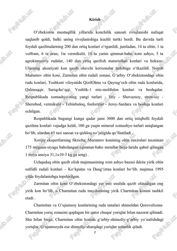oltin sulfidli rudali konlari – ko‘kpatas va daug‘iztau konlari bo‘lib, majmua 1995 yilda foydalanishga topshirilgan. zarmitan oltin koni o‘zbekistondagi yer osti usulida qazib olinadigan eng yirik kon bo‘lib, u charmitan ruda maydonining yirik charmitan konini tashkil etadi . charmitan va g‘ujumsoy konlarining ruda tanalari shimoldan qorovulxona-charmitan yoriq zonasini qoplagan bir qator chuqur yoriqlar bilan nazorat qilinadi. shu bilan birga, charmitan oltin konida g‘arbiy-shimoliy-g‘arbiy yo‘nalishdagi yoriqlar, g‘ujumsoyda esa shimoliy-sharqdagi yoriqlar ustunlik qiladi. toshkent viloyatining chotqol-qurama zona-sida (chqz) qariyb 2500 tonna oltin (jahon zaxiralarining 5,0%), shu jumladan, 12 ta oltin konida (qizil-olma, qayrag‘och, qayrog‘och, qovuldi, chadak, oqturpak, revashte, uchqiz, shamatjon, qo‘rg‘on, arabulak, chakmaktash) va olmaliqning porfir-mis konlari rudalarida 2000 t ga yaqin. bundan tashqari, mintaqada turli miqyosdagi 300 dan ortiq oltin uyumlari ma’lum. qizil-olma va qo‘chbuloq konlari mos ravishda 5 va 4 megaun-siya oltin zaxiralari bilan dunyoning oltin rudasiga boy gigantlari ro‘yxatida joy egal-lagan . i.bob.oltin ishlab chiqarish texnologiyasi 1.1.oltin ishlab chiqarishning …