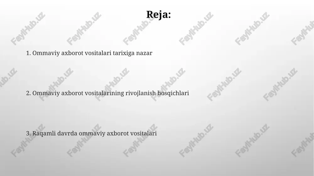 oniyatlarini kengaytirdi, 20-asr oxirida internet va shaxsiy kompyuterlar muhim rol o'ynadi. raqamli ommaviy axborot vositalari davri 1990-yillarning oxirida internetning keng tarqalishi raqamli media davrining boshlanishini belgiladi, bu esa ommaviy axborot vositalarining 2.0 versiyasini yaratdi. ijtimoiy tarmoqlar, bloglar va podkastlar kabi interaktiv platformalar jurnalistikaning 3.0 versiyasini namoyon etib, 2000-yillarda paydo bo'lib, auditoriyaga 4.0 ta ta'sir ko'rsatdi. ommaviy axborot vositalarining kelajagi sun’iy intellekt (ai) kontent yaratishda, jumladan, yangiliklar yozishda va shaxsiylashtirilgan axborot taqdim etishda tobora ko’proq rol o’ynaydi, 2030-yilga borib bu tendensiya kuchayadi. blokcheyn texnologiyasi jurnalistikaning ishonchliligini oshirish va soxta yangiliklarga qarshi kurashish uchun qo’llanilishi mumkin, chunki har bir yangilik manbai shaffof ravishda qayd etiladi. e'tiboringiz uchun rahmat image2.png image5.jpg image6.jpg image7.jpg image8.jpg image9.jpg image10.jpg image11.jpg image3.png