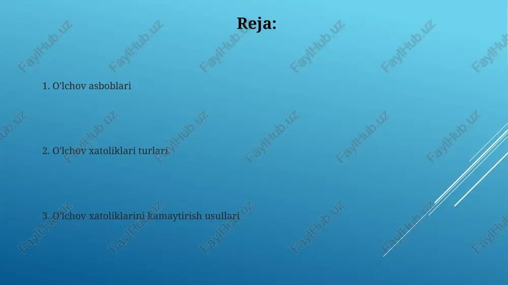 arur. o'lchashda ko'p marta o'lchash va o'rtacha qiymatni hisoblash tasodifiy xatoliklarni kamaytirishga yordam beradi, bu esa yakuniy natijaning ishonchliligini oshiradi. o'lchov asboblarini kalibrlash va tekshirish kalibrlash jarayoni o'lchov asbobining ko'rsatkichlarini mos yozuvlar standartlari bilan solishtirishni o'z ichiga oladi, aniqlikni oshirish uchun tuzatish koeffitsientlari aniqlanadi. tekshirish davomida asbobning texnik xususiyatlari belgilangan standartlarga javob berishi tasdiqlanadi, bu esa aniqlik darajasini ta'minlash uchun muhim qadam hisoblanadi. e'tiboringiz uchun rahmat image2.jpg image3.jpg image4.jpg image5.jpg image6.jpg image7.jpg
