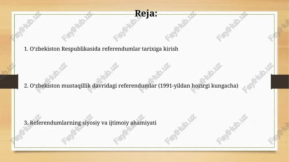 ntlik muddatini bekor qilish va hokimiyatni qayta taqsimlash kabi muhim islohotlarni oʻz ichiga oladi. referendumda ovoz berish huquqiga ega boʻlgan 19 milliondan ortiq fuqarodan 84,5% ishtirok etdi, bu oʻzgarishlarga keng xalq roziligini koʻrsatadi. referendumlarning huquqiy asoslari o'zbekiston respublikasining konstitutsiyasi, 117-moddasi referendum o'tkazish tartibi qonun bilan belgilanadi, deb ko'rsatadi va bu jarayonning huquqiy asosi hisoblanadi. «referendum to‘g‘risida»gi qonun, 1991-yil 18-noyabrda qabul qilingan, referendum tayinlash va o‘tkazish tartibini, ovoz berish usullarini aniq belgilab beradi. referendumlarni o'tkazish jarayoni referendum komissiyalari tuziladi, masalan, markaziy saylov komissiyasi 5 kundan kechiktirmay referendum o'tkazishni tashkil etadi va natijalarni e'lon qiladi. referendumda ovoz berish yashirin bo'lib, har bir fuqaro o'z xohishiga ko'ra, "roziman" yoki "qarshiman" degan variantlardan birini tanlaydi. referendumlarning natijalari va ta'siri 1991-yilgi referendum natijasida o‘zbekiston mustaqilligi 98.3 foiz ovoz bilan tasdiqlandi, bu respublikaning suveren davlat sifatida shakllanishiga asos bo‘ldi. 2002-yilgi referendum prezidentlik muddatini 7 yildan 5 yilga qisqartirdi, bu siyosiy islohotlar va hokimiyat tarmoqlari muvozanatiga ta'sir …