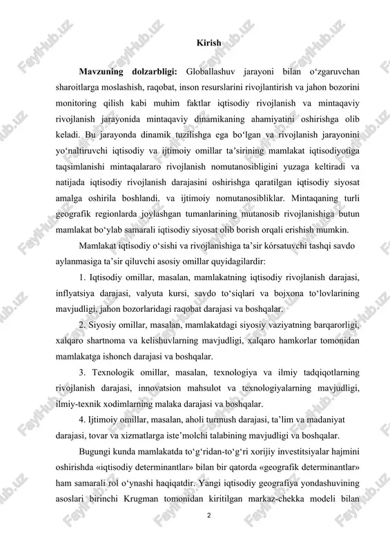i, xalqaro hamkorlar tomonidan mamlakatga ishonch darajasi va boshqalar. 3. texnologik omillar, masalan, texnologiya va ilmiy tadqiqotlarning rivojlanish darajasi, innovatsion mahsulot va texnologiyalarning mavjudligi, ilmiy-texnik xodimlarning malaka darajasi va boshqalar. 4. ijtimoiy omillar, masalan, aholi turmush darajasi, ta’lim va madaniyat darajasi, tovar va xizmatlarga iste’molchi talabining mavjudligi va boshqalar. bugungi kunda mamlakatda to‘g‘ridan-to‘g‘ri xorijiy investitsiyalar hajmini oshirishda «iqtisodiy determinantlar» bilan bir qatorda «geografik determinantlar» ham samarali rol o‘ynashi haqiqatdir. yangi iqtisodiy geografiya yondashuvining asoslari birinchi krugman tomonidan kiritilgan markaz-chekka modeli bilan qo‘yilgan. ushbu model firma darajasida ortib borayotgan daromadlar, transport xarajatlari va omillarning harakatchanligi va ko‘rsatilgan tuzilmaning o‘zgarishiga olib keladigan sabablar o‘rtasidagi o‘zaro ta’sir natijasida yaratilgan fazoviy iqtisodiy tuzilishga asoslanadi. kurs ishining maqsadi: mintaqaviy iqtisodiy rivojlanishning asosiy omillari mavzusi haqida ma’lumot berish va mavzuni yoritib berish. kurs ishining vazifasi: mintaqalarning iqtisodiy rivojlanishini tartibga solish xususiyatlari haqida tushuncha berib o’tish. kurs ishining obyekti: mintaqaviy iqtisodiyotni prognozlashtirish haqida. kurs ishining predmeti: mintaqa …