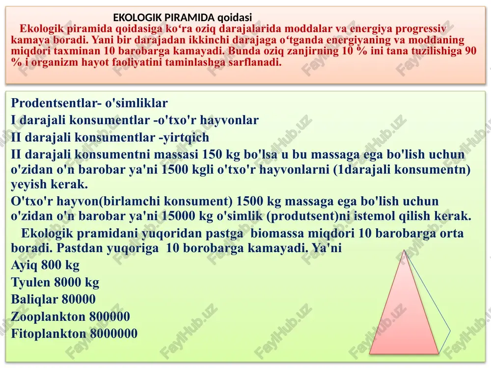 ologik piramidani o‘simlik-chigirtka-kaltakesak-burgut tashkil etadi) ekologik piramida o‘simliklar-quyonlar-lochinlardan iborat. lochinlarning ortgan massasi quyonlarnikidan 360 kg ga kam bo‘lsa, produtsentning biomassasini (kg) aniqlang. izoh: organizm masaasi 1 kg ga ortishi uchun 10 kg oziq iste`mol qilishi kerak ekologik piramidani bug‘doy-chigirtka-kaltakesak-lochin tashkil etadi. agar lochin ozuqasidagi uglevod 60 % bo‘lib, undan ajralgan energiya miqdori 5280 kj ni tashkil etsa bug‘doyning massasini tonnada toping. quyidagi oziq zanjiriga e`tibor bering. produtsentning massasi 1350 kg bo‘lib, uni sichqon va chivin teng miqdorda iste’mol qildi. lochinning tana massasi 4,5 kg ga ortgan bo‘lsa, sichqon va hasharotxo‘r qush massasi qanchaga farq qiladi. ekologik piramidani bug‘doy-pashsha-kaltakesak-lochin tashkil etadi. geterotroflarning umumiy massasi 2442 kg ni tashkil qilsa, produtsent va iii darajali konsumentning umumiy biomassasini aniqlang. ekologik piramidani bug‘doy-pashsha-kaltakesak-lochin tashkil etadi. geterotroflarning umumiy massasi 2442 kg ni tashkil qilsa, produtsent va iii darajali konsumentning umumiy biomassasini aniqlang. ekologik piramida o‘simliklar - quyonlar - lochinlardan iborat. lochinlarning ortgan massasi quyonlarnikidan 720 …