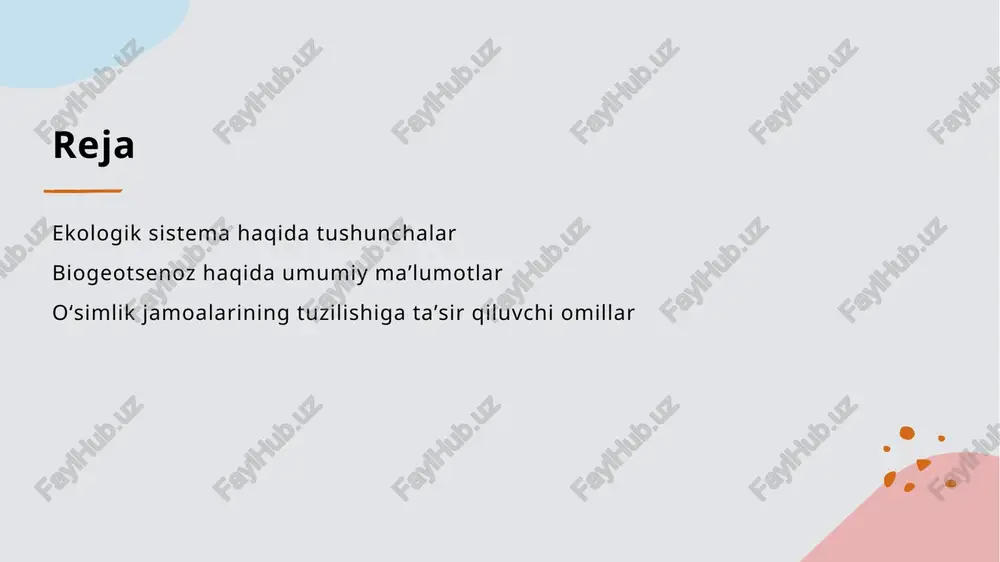 ojlanish uchun muhim bo'lgan ekologik tamoyil muvozanatni saqlashdir. bu, tabiiy resurslarni ehtiyotkorlik bilan foydalanishni va atrof-muhitga zarar yetkazmaslikni anglatadi. 2 biodiversitetni himoya qilish ekosistemalarni rivojlantirishda biologik xilma-xillikni saqlash asosiy ahamiyatga ega. bu, o'simliklar, hayvonlar va mikroorganizmlarning barqarorligini ta'minlaydi. 3 resurslarni barqaror boshqarish tabiiy resurslardan oqilona foydalanish va uzoq muddatli foydalanishni ta'minlash ekologik muhofazaning muhim qismi hisoblanadi. bu, ekologik tizimlarning uzluksizligini kafolatlaydi. 4 tahdidlar va muhofaza choralari inson faoliyati natijasida yuzaga keladigan tahdidlarni aniqlash va ularni kamaytirish uchun muhofaza choralari ishlab chiqiladi. bu, ekologik barqarorlikni ta'minlash uchun muhimdir. biogeotsenoz tushunchasi va uning ekologik muhitdagi roli. 1 biogeotsenoz tushunchasi biogeotsenoz – bu turli ekologik omillar bilan birga o‘zaro ta’sirda bo‘lgan o‘simlik, hayvon va mikroorganizmalar jamoasi bo‘lib, ekologik muhitni tashkil etadi. 2 ekologik muhitdagi roli biogeotsenozlar tabiatdagi muhim ekologik funksiyalarni bajaradi, energiya va moddalar aylanishini ta'minlaydi, shuningdek, biologik xilma-xillikni saqlashda muhim ahamiyatga ega. 3 rivojlanish va muhofaza biogeotsenozlar tabiiy muhit o‘zgarishlariga moslashadi, ularning …