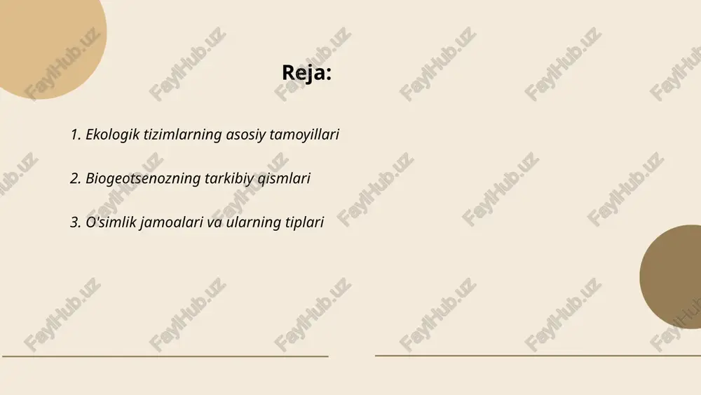 ydai_bot o'simlik jamoalari turli ekotizimlarda uchraydi va ularning asosiy turlaridan biri o'rmon jamoalaridir. o'rmonlar yog‘ingarchilik va namlikka qarab tropik, subtropik va mo‘tadil o'rmonlarga bo'linadi. cho'l jamoalari esa qurg'oqchil mintaqalarda joylashgan bo'lib, bu yerda kaktus va sukulentlar kabi suvni saqlovchi o'simliklar uchraydi. yaylov jamoalari esa o‘t va butalar bilan qoplangan bo‘lib, ular asosan dasht va savannalarda rivojlangan. botqoq va ho‘l jamoalar suvli hududlarda tarqalgan bo‘lib, qamish va zamburug‘lar kabi o‘simliklarga boy. alp va tundra jamoalari esa sovuq iqlimli zonalarda joylashgan bo‘lib, bu yerda oddiy daraxtlar o‘smaydi, balki moxlar va lishayniklar uchraydi. ... t.me/slaydai_bot 4. energiya oqimi va ekologik tizimlar energiya oqimi va ekologik tizimlar o'rtasidagi aloqalar murakkabdir. ekologik tizimlarda energiya quyoshdan boshlanadi va oziq zanjiri orqali o'tadi. birinchi bosqichda oʻsimliklar fotosintez orqali quyosh energiyasini kimyoviy shaklga aylantiradi. oʻsimliklardan ozuqa oluvchi oʻtlovchilar energiyaning 10% ini o‘zlashtiradi, bu energiyaning qolgan qismi issiqlik shaklida yoʻqotiladi. yirtqichlar esa oʻtlovchilar energiyasining yana 10% ini iste'mol qiladi. …