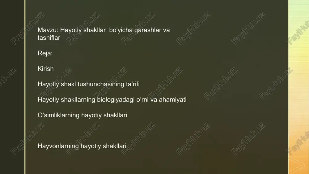 han ildiz poyali o'simliklar tugunak yoki piyozlari orqali yashaydi misol uchun: piyoz ,kartoshka, suv nilufari bir yillik o'simliklar hayoti davomida 1 yil ichida o'sib gullab meva beradigan o'simliklar bular;bug'doy makkajo'xori o‘simliklarning hayotiy shakllari (raunkier tizimi) bo'yicha shunday nomlandi. fanerofitlar – daraxtlar, butalar xamefitlar – yarimbutalar gemikryptofitlar – tuproq sathiga yaqin o‘simliklar kryptofitlar – yer ostida yashovchilar (piyoz, tugunak) teriopitlar – bir yillik o‘simliklar (bug‘doy, makkajo‘xori) : hayvonlarning hayotiy shakllari yashash muhitiga ko‘ra: suvda (baliq), quruqlikda (ilon), havoda (qush) harakat uslubiga ko‘ra: sudraluvchi, uchuvchi, yuruvchi ekologik moslashuv: kserofil (sahro hayvonlari), gidrofil (suv hayvonlari) hayvonlarning hayotiy shakllari (zoologiya) hayvonlar hayotiy shakllari muvofiqlashgan tuzilishi, yashash muhiti va harakatlanish uslubi asosida tasniflanadi. a) yashash muhitiga ko‘ra: suv hayvonlari – baliqlar, meduzalar, kitlar. quruqlik hayvonlari – qushlar, sutemizuvchilar, sudraluvchilar. havo hayvonlari – qushlar, kapalaklar, hasharotlar. yer osti hayvonlari – chuvalchanglar, termitlar, kemiruvchilar. b) harakatlanishiga ko‘ra: sudzuvchi – baliq, kit, suv kapalaklari. yuruvchi – to‘rt oyoqli …