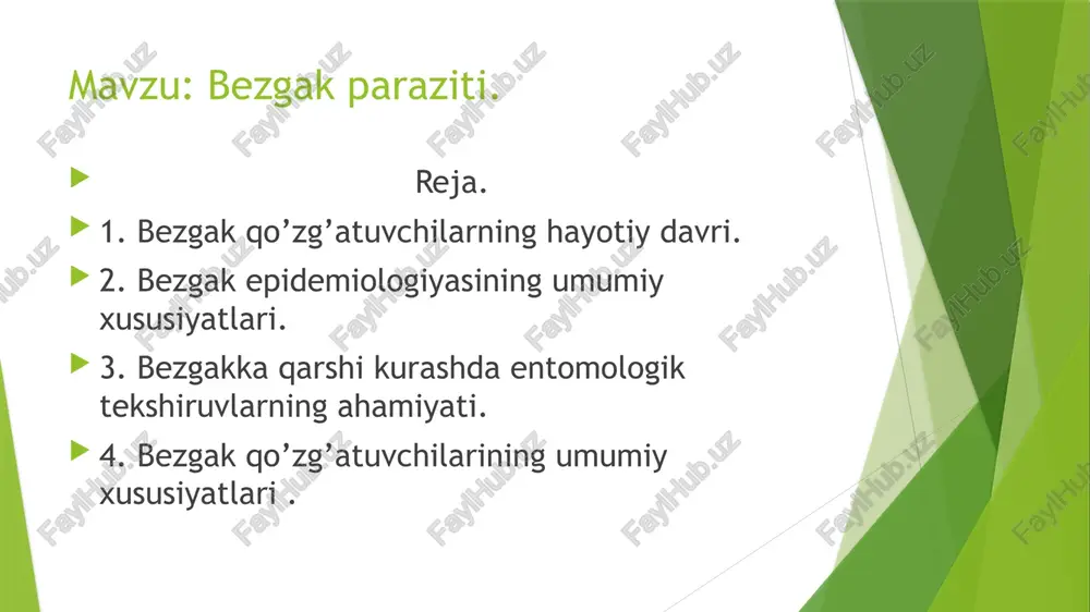 . gepatosidlarda parazitlar ekzoeritrositar shizogoniya jarayonini o’taydi. bu jarayon tropik bezgakda 6,5 va uch kunlik bezgakda esa kamida 8 kun davom etadi. uch kunlik bezgak qo’zg’atuvchisining sporozoitlari jigarda turlicha rivojlanish xususiyatiga ega. ulardan bir qismi, taxisporozoitlar tezda rivojlanadi, boshqalari, bradisporozoitlar esa avval (uyqi holidagi) gipnozoitlarga aylanib vaqtincha rivojlanishdan to’xtaydi. «uxlash» jarayoni 5 oydan 11 oygacha, ayrim hollarda esa 3yilgacha davom etishi mumkin. so’ngra parazitlar faollashib ularning rivojlanishi odatdagidek ekzoeritrositar shizogoniya jarayoni kabi o’tadi. ekzoeritrositar shizogoniya jarayoni tugagandan so’ng parazitlar qonga tushadi va qonda eritrositar shizogoniya jarayonini boshlaydi. eritrositar shizogoniya davriylikdan iborat jarayon bo’lib, davriylik yosh parazitlar – merozoitlarni eritrositlar qobig’iga kirishdan boshlanadi. parazitlar eritrositlarning gemoglobini hisobiga o’sib boradi. bu davrda ular trofozoitlar deb nomlanadi. so’ngra ular bo’lina boshlaydilar va shu davrdan boshlab shizontlar deb ataladi. bo’linish tugallanishi bilan yana merozoitlar hosil bo’ladi, ular eritrosit qobig’ini yorib chiqadi va yangi eritrositlarni egallashga harakat qiladi. bu jarayon ikki kun davom etadi. ketma-ket …