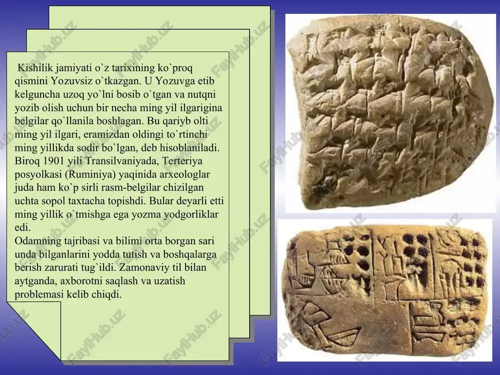 r. qadimgi xalqlarda vaqt hisobi ham ko`pincha tutunlar bilan olib borilgan. eramizdan oldingi v asrda yashagan qadimgi yunon mashhur tarixchisi gerodot hikoya qilgan doro kalendari bunga misol bo`la oladi. gerodotning ta`kidlashicha, eron shohi doro i skifiyaga yurish qilganida dunay daryosiga maxsus qurilgan ko`prikdan o`tgan. ko`prikni saqlash, qo`riqlash uchun doro o`z ittifoqchisi bo`lmish ioniyaliklarni qoldirgan. ularga oltmish tugunli kamar berib, bunday degan: «...bu kamarni olinglar: endi gapimga quloq solinglar: mening skiflarga qarshi chiqqanimni ko`rishingiz bilanoq, shu vaqtdan boshlab har kuni bitta tugunni echaveringlar. agar tugunlar bilan ko`rsatilgandagi kunlar tugasa-yu men shu vaqt ichida qaytmasam, o`z vatanlaringizga jo`nayveringlar. hozircha ko`prikni qo`riqlanglar va uni mumkin qadar but saqlashga harakat qilinglar. bu bilan menga katta yordam ko`rsatgan bo`lasizlar». tugunlardan iborat kalendardan sibir, gvineya, polineziya, sharqiy afrika xalqlari ham foydalangan. xvii asr oxirida muhim siyosiy hujjat hisoblangan vampum ham bizga ma`lum. penna vampumi deb ataluvchi, o`rtasiga ikkita qora shakl (kishi shakli) tushirilgan bu oq kamarni …
