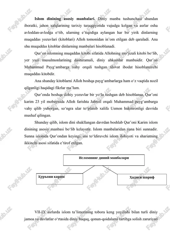 yni paytda shariat tushunchasi nafaqat islom diniy talablarini, balki diniy marosimlar, oila, nikoh va taloq masalalari, tijorat, iqtisodiy, mulkiy munosabatlar, musulmonlarning shaxsiy va ijtimoiy hayotiga xos ko‘p masalalarni o‘z ichiga oladi. fiqh-musulmon huquqi sifatida shariatning tarkibiy qismini tashkil etadi. fiqh shariatning g‘oyaviy va amaliy harakatlari, tavsifi sifatida musulmonlarning turmush qoidalari va ijtimoiy qarashlarini ifodalaydi. ijmo’-(arabcha yakdillik bilan qabul qilingan qaror). qur’on va hadislarda aniq ko‘rsatma bo‘lmagan huquqiy masalalarni hal etishda faqiya va mujtaxidlarning to‘planib, yagona fikrdan hukm chiqarishi (fatvo berishi). qiyos-qur’on va sunnada uchramaydigan biror huquqiy masala, ulardagi shunga o‘xshash masala orqali berilgan yo‘l-yo‘riqqa, ko‘rsatmaga mantiqiy taqqoslash, o‘xshatish yo‘li bilan sharh, izoh etish asosida hukm yoki fatvo chiqarish. islom davlat dini bo‘lib kelgan mamlakatlarda shariat talablariga amal qilib kelingan, hozir ham shunday. hozirgi davrda o‘zbekiston xalqlari orasida marxumning yettisini, yigirmasini, qirqini va boshqa marosimchiliklarini o‘tkazish odati bor. xolbuki, shariat bunday marosimlarni o‘tkazish yoki o‘tkazmaslik haqida biron-bir ko‘rsatma bermagan. qur’onning jamlanishi, …