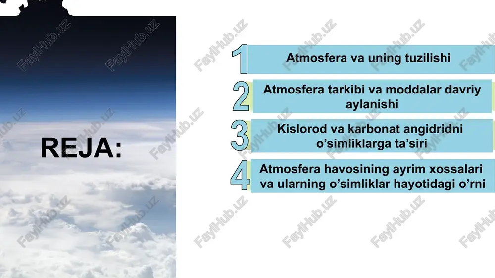 . stratosferada ozon qatlami joylashgan bo‘lib, u yerni ultrabinafsha nurlardan himoya qiladi. stratosferadan so‘ng mezosfera (80 km balandlikkacha), termosfera – ionosfera (80 km dan 800 km gacha) va ekzosfera (800 km dan baland) joylashgan bo‘lib, gazlar konsentratsiyasining pastligi va beqaror harorat bilan farqlanadi. mezosferada –90°c gacha sovuq, termosferada esa +1000 dan +2000°c gacha issiq. atmosferaning gaz tarkibi deyarli doimiy bo‘ladi. yerning deyarli barcha kenglik zonalarida va vertikal mintaqalarida, o‘simliklar tarkalgan eng yuqori chegaragacha quruq havoning tarkibi quyidagilardan: 78,1% azot, 21% kislorod, 0,032% (0,04%) karbonat angidrid, 0,9% argon va vodorod izlaridan iborat bo‘ladi. lekin boshqa tarkibiy qismlar ham bo‘lib, vaqtga va joyiga qapab, ularning o‘zaro nisbati keskin o‘zgarib turadi. bularga ammiak, sulfat (iv)oksid, o‘simliklardan ajraladigan gazsimon xushbuy moddalar, chang, tutun zarrachalari, mikroorganizmlar va ularning sporalari, o‘simliklar gulining changi, mayda urug‘lar, sanoat korxonalaridan chiqadigan gazlar va hokazolar kiradi. bulardan tashkqari, atmosfera havosi hech qachon qypyq bo‘lmaydi. unda doim ma’lum miqdorda suv bug‘lari …