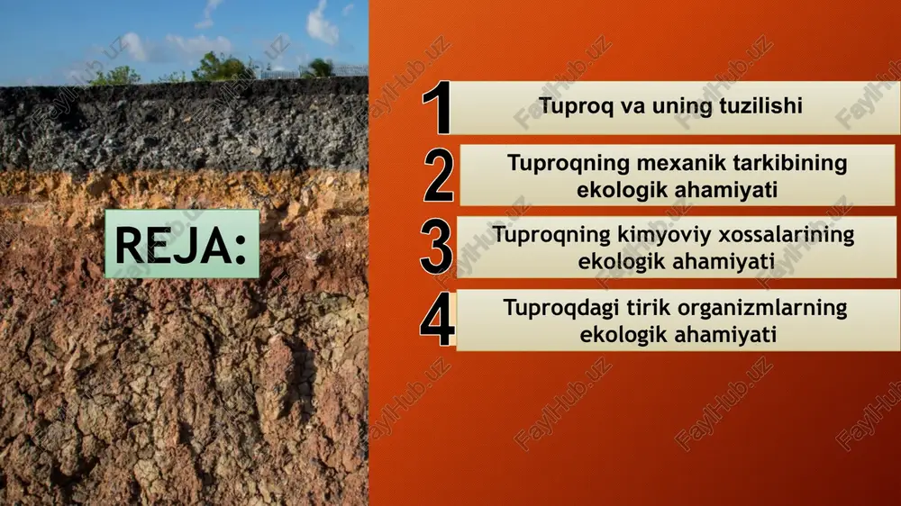 tuproq orasidagi bog‘liqlikni o‘rganishga harakat qilganlar. o. dekandol (1832) tuproqning organik moddalariga katta ahamiyat bergan, unger (1836) tuproqning ximiyaviy xossalarini, turman (1849) fizik xossalarini birinchi o‘ringa qo‘ygan. gola (1919) tuproq eritmasining osmotik bosimiga ko‘proq e’tibor bergan. lekin o‘simlik uchun ham, umuman o‘simliklar uchun ham tuproqning barcha asosiy xossalari: uning kimyoviy tarkibi (mineral oziqlanishidagi elementlar, kislotaliligi va hokazolar), mexanik tarkibi, strukturasi, tuproq hosil qilish harakteri, tuproqning kelib chiqish tarixi va tuproq tiplari katta ahamiyatga ega. tuproqning ayrim xossalari quyidagilar: tuproqning yoshi tuproqning suv rejimi tuproqning issiqlik rejimi tuproqning havo rejimi tuproqning mexanik tarkibining ekologik ahamiyati tuproqning mexanik (yoki granulometrik) tarkibi nurash protsesslari va keyinchalik ona jinsning biologik qayta ishlanishi natijasidir. odatda, u turli o‘lchamdagi mineral zarrachalarning protsent hisobdagi nisbati bilan harakterlanadi. umuman olganda tuproq; mexanik tarkibining o‘simliklarga va o‘simliklar to‘plamiga bevosita ko‘rsatadigan ta’siri juda kam desa bo‘ladi. uning ta’siri, masalan, tuproq zichligining ortishida namoyon bo‘ladi. bu esa o‘simliklar ildizining chuqur kirib …