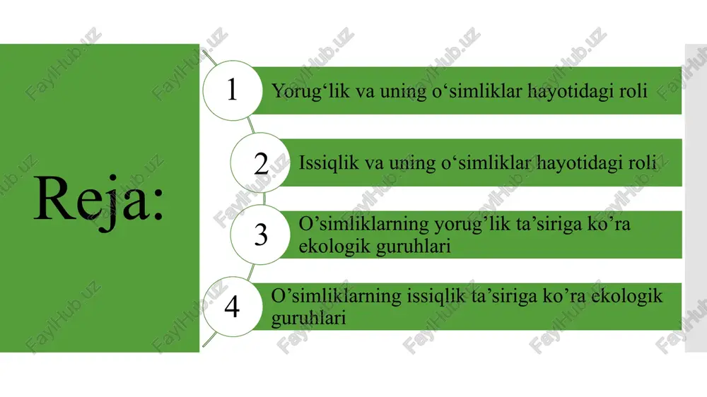 ini 750-4000 nm to‘lqinli infraqizil nurlar tashkil etadi. to‘lqin uzunligi 4000 nmdan ortiq bo‘lgan nurlar uzun to‘lqinli yoki uzoq infraqizil nurlardan iborat. yer sathidagi issiqlik nurlanishi ana shu to‘lqin energiyasi hisobiga ro‘y beradi. kleshnin, 1954 o‘simliklar bargiga tushadigan quyosh nuri energiyasini ta’sir ko‘rsatishi bo‘yicha 4 ta fiziologik zonaga bo‘lish mumkin: to‘lqin uzunligi 300-520 nm bo‘lgan ta’sir zonasi to‘lqin uzunligi 520-700 nm bo‘lgan ta’sir zonasi to‘lqin uzunligi 700-1050 nm bo‘lgan ta’sir zonasi to‘lqin uzunligi 1050 nm dan yuqori to‘lqindagi zona 1.to‘lqin uzunligi 300-520 nm bo‘lgan ta’sir zonasi. bu to‘lqindagi nurlar o‘simliklar xlorofilli, protoplazma, fermentlar tomonidan yutiladi. lekin uning asosiy qismi xlorofillar tomonidan yutiladi. 2.to‘lqin uzunligi 520-700 nm bo‘lgan ta’sir zonasida nurlarning yutilishi xususan xlorofillga bog‘liq bo‘ladi. bu to‘lqindagi nurlar to‘q; sariq-qizil nurlar xissasiga to‘g‘ri keladi. ular fotosintez protsessida qanchalik katta ahamiyatga ega ekanligi k. a. timiryazev tomonidan ko‘rsatib o‘tilgan edi. bu radiatsiyadagi nurlar o‘simliklarda boradigan barcha fiziologik protsesslar fotosintez, rivojlanish, shakllanish …