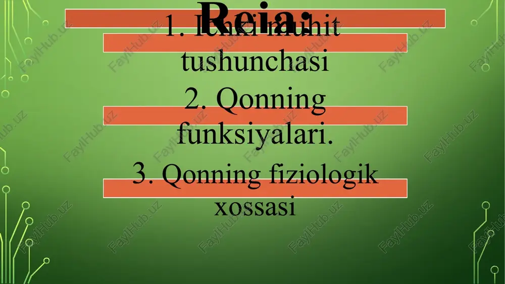 izmda ichki muhitning gomeostaz holati, ya’ni hujayra, qon, to'qima suyuqligi va limfaning miqdori, kimyoviy tarkibi o‘zgaradi. bu hol organlarning faoliyatiga salbiy ta’sir ko‘rsatadi. qon qon plazmasi shaklli elementlar qon plazmasi katta yoshli odam organizmida 5 litrga yaqin qon bo'ladi. qon suyuq biriktiruvchi to‘qima bo'lib, uning asosiy qismini qon plazmasi tashkil etadi. plazmada shaklli elementlar, ya’ni qon hujayralari - trombotsitlar, eritrotsitlar va leykotsitlar joylashgan qon plazmasi 90 %i suv 10 %i organik moddalar va mineral tuzlar sentrifuga sentrifugalashdan keyin 55% plazma 1% leykositlar 44% eritrositlar qonning funksiyalari qonning transport funksiyasi qonning boshqarish funksiyasi qonning himoya funksiyasi qonning transport funksiyasi qonning transport funksiyasi kislorodni o‘pkadan to‘qimalarga, karbonat angidridni to‘qimalardan o'pkaga, oziq moddalarni ichaklardan to‘qima1arga, to‘qimalarda hosil bo‘lgan moddalar almashinuv mahsulotlarini ayirish organlariga olib borishdan iborat. tashqi muhitdan suv orqali kiradigan mineral moddalar ham qon orqali to‘qima va organlarga yetkazib beriladi. qonning transport funksiyasi qonning boshqarish funksiyasi qonning boshqarish funksiyasi. qon organlar va …