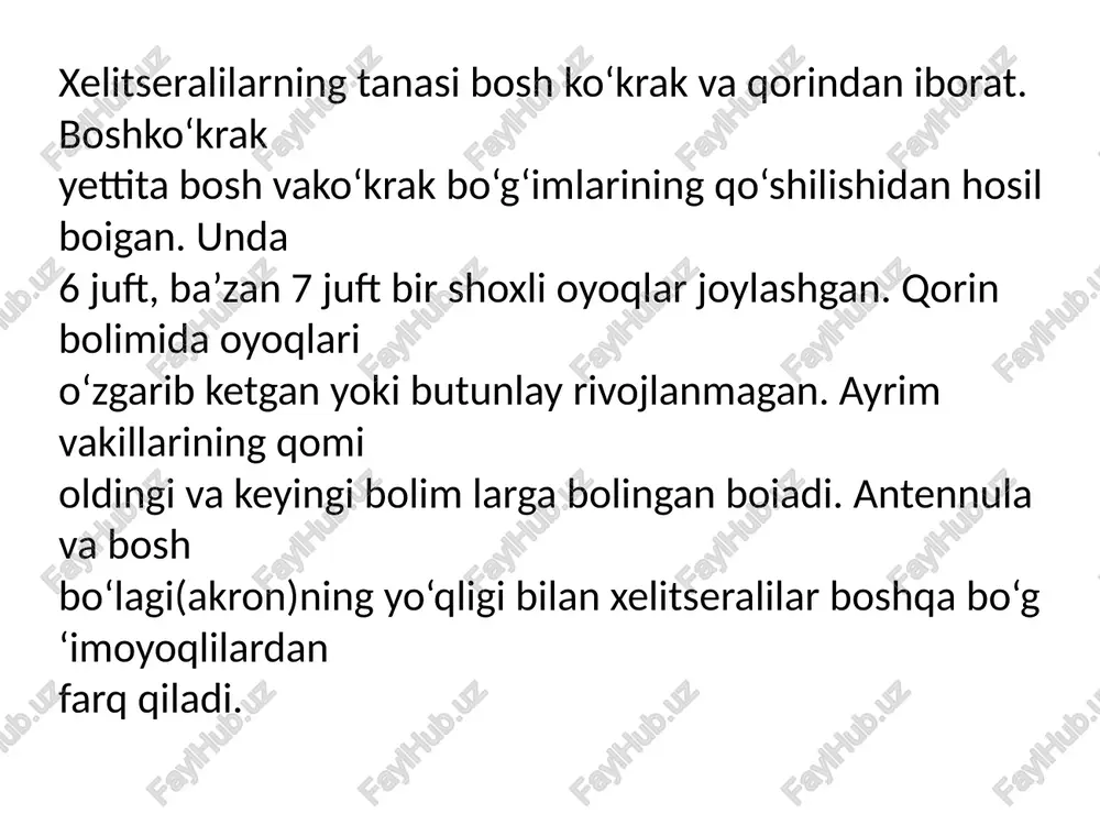 n iborat jabra qopqoqchalari va 4 juft jabra oyoqlari boigan qisqichbaqachayonlar paleozoy erasining silur va kembriy davrlarida dengizlarda va qisman chuchuk suvlarda yashagan yirtqich hayvonlar boiib, uzunligi 1,8 m ga yetgan. ular tashqi ko‘rinishi bilan ulkan chayonlarga o ‘xshab ketgan. 0 ‘rgimchaksim0nlar (arachnida) sinfi 0 ‘rgimchaksimonlar quruqlikda yashaydigan juda xilma-xil tuzilgan bo‘g ‘imoyoqlilami o‘z ichiga oladi. 0 ‘rgimchaksimonlaming bosh qismida mo‘ylovlari boimaydi; faqat oddiy ko‘zlari rivojlangan. boshko‘krak boiim ida olti juft o ‘simtalari boiib, ulardan ikki jufti - xelitsera va pedipalpalar ovqat hazm qilishda ishtirok etadi; qolgan to‘rt jufti esa yurish oyoqlari hisoblanadi.0 ‘rgimchaksimonlar o ‘pka yoki traxeyalar yordamida nafas oladi; ayirish organlari koksal bezlari bilan bir qatorda qorin bo‘shlig‘ida joylashgan malpigi naychalaridan iborat 0 ‘rgimchaksim0nlar (arachnida) sinfi chayonlar (scorpiones) turkumi soxta chayonlar (pseudoscorpiones) turkumi. qiloyoqlilar (pedipalpi) turkumi solpugalar, ya’ni falangalar (solifugae) turkumi. pichano‘rarlar (o p illio n es) turkumi. 0 ‘rgimchaklar (aranei) turkumi. kanalar (acari) turkumi image1.jpeg image2.jpeg image3.jpeg …