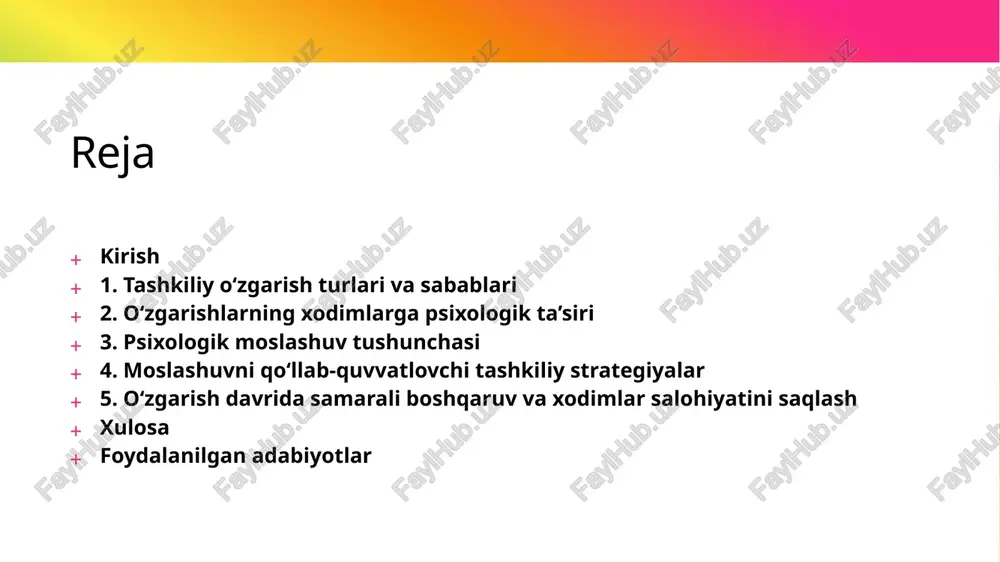 ga bog‘liq. psixologik moslashuvni to‘g‘ri boshqarish — o‘zgarishlar jarayonini yumshatish, xodimlarning salohiyatini saqlab qolish va tashkilotning barqarorligini ta’minlashda muhim omildir. 4. moslashuvni qo‘llab-quvvatlovchi tashkiliy strategiyalar tashkiliy o‘zgarishlar davrida xodimlarning psixologik moslashuvini yengillashtirish uchun rahbariyat tomonidan maqsadli strategiyalar qo‘llanilishi zarur. quyidagi yondashuvlar eng samarali hisoblanadi: ochiq kommunikatsiya: o‘zgarishlar sabablari, maqsadlari va kutilayotgan natijalar haqida xodimlarga aniq va muntazam ma’lumot berish. - psixologik yordam va treninglar: stressni kamaytirish, o‘zgarishlarga moslashish ko‘nikmalarini rivojlantirish uchun maxsus treninglar va maslahat xizmatlari tashkil etish. - rahbarlik uslubi: rahbarlar empatiya, qo‘llab-quvvatlash va ishonch asosida boshqaruv olib borishlari kerak. bu xodimlar ruhiy barqarorligini mustahkamlaydi. - ijtimoiy qo‘llab-quvvatlash: jamoaviy ruhni kuchaytirish, hamkorlikni rag‘batlantirish va xodimlar o‘rtasida ijobiy munosabatlarni shakllantirish. bu strategiyalar orqali xodimlar o‘zgarishlarni nafaqat qabul qiladi, balki faol ishtirokchi sifatida jarayonga qo‘shiladi 5. o‘zgarish davrida samarali boshqaruv va xodimlar salohiyatini saqlash tashkiliy o‘zgarishlar jarayonida rahbariyatning boshqaruv uslubi xodimlarning psixologik holati va ishga bo‘lgan munosabatiga bevosita ta’sir qiladi. samarali …