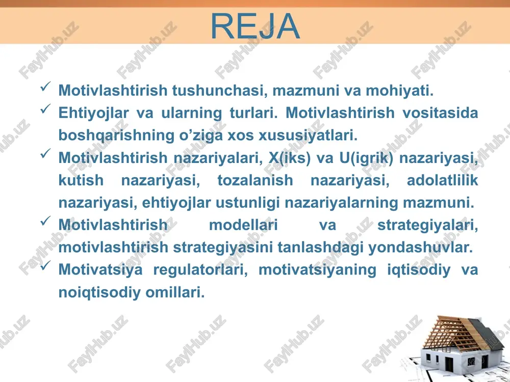 aloqadorlikka ehtiyoj xavfsizlikka bo’lgan ehtiyoj fiziologik ehtiyojlar yaratuvchanlik, kasbiy o’sish, hamkasblardan ajralib turish javobgarlikni ortishi, e’tirof va yuqori status hamkasblar, mijozlar va jamoalar bilan munosabat xavfsiz ish sharoiti, ish joyining barqarorligi issiqlik, toza havo, ish haqi ta’lim, hobbi, shaxsiy o’sish oila, do’stlar va jamiyat tomonidan tan olinish oila a’zolari va do’stlar davrasi zaharlanish va zararlardan holi bo’lish oziq-ovqat, suv, toza havo, kiyim‑kechak shaxsiy hayotda ehtiyojlar iyerarxiyasi ish vaqtida d.makkregorning x va y nazariyasi gertsbergning ikki omilli nazariyasi motivlashtirish muvaffaqiyat e’tirof javobgarlik kasbiy o’sish gigiyenik omillar mehnat sharoitlari ish xaqi va xavfsizlik korxonaning ichki muhiti shaxslararo munosabatlar juda qoniqdi motivlashtirish qoniqish darajasiga ta’sir qiladi gigiyenik omillar qoniqmaslik darajasiga ta’sir qiladi qoniqish darajasi qoniqmaslik darajasi umuman qoniqmadi na qoniqdi, na qoniqmadi maslou nazariyasi gertsberg nazariyasi 1 ehtiyojlar birlamchi va ikkilamchi ehtiyojlarga bo’linadi hamda besh pog’onali pillapoya tuzilmasidan iborat bo’lib, bu tuzilma ustuvorligiga binoan joylashtiriladi. 2 pillapoya tuzilmasining eng quyidagi qanoatlanmagan ehtiyoji insonning …