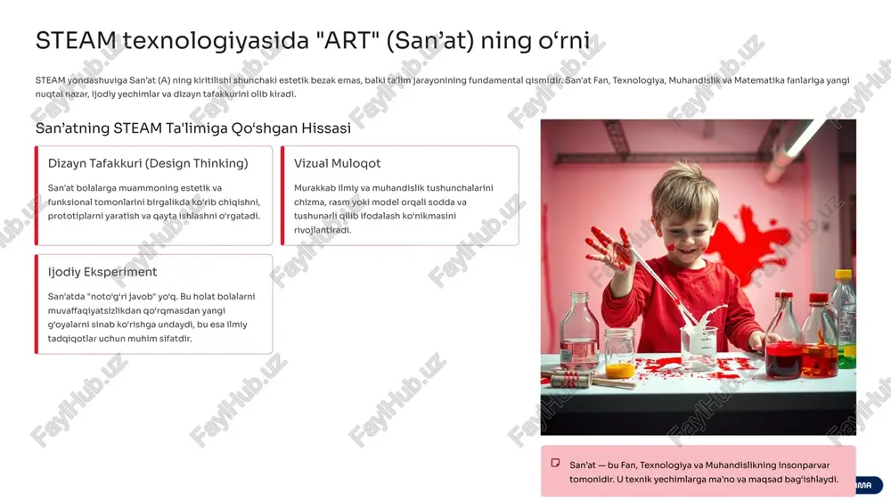 i bolaning hissiy, motor, kognitiv va ijtimoiy rivojlanishi uchun muhim rol o‘ynaydi. u quyidagi o‘ziga xos xususiyatlar bilan ajralib turadi: hissiy boyitish rang, shakl, tekstura kabi elementlar orqali bolaning dunyoqarashini va hissiyotlarini boyitadi. kognitiv bog‘liqlik simmetriya, proporsiya, geometriya kabi matematik tushunchalarni vizual tarzda tushunishga yordam beradi. motor rivojlanish kesish, yopishtirish, loy bilan ishlash orqali nozik motorika va ko‘z-qo‘l koordinatsiyasini yaxshilaydi. o‘zini ifodalash til to‘liq rivojlanmagan davrda bolaning ichki kechinmalari va fikrlarini ifodalash uchun vosita bo‘lib xizmat qiladi. iterativ jarayon rassomchilik yoki haykaltaroshlikdagi kabi, sinov va xato qilish orqali yaxshilashni (muhandislik tamoyili) o‘rgatadi. texnik amaliyot raqamli san’at, musiqiy dasturlash kabi zamonaviy texnologiyalarni badiiy ifoda bilan birlashtirish. "san'at — bu ilmiy kashfiyotlar va muhandislik yechimlarining inson ruhiga ta'sir qilish usuli." 3 mariya montessori: hayoti va ta'lim sohasidagi inqilobiy ishlari mariya montessori (1870-1952) italiyalik shifokor va pedagog bo‘lib, butun dunyo ta'limiga chuqur ta'sir ko‘rsatgan inqilobiy ta'lim metodikasini yaratdi. u italiyadagi birinchi ayol shifokorlardan …