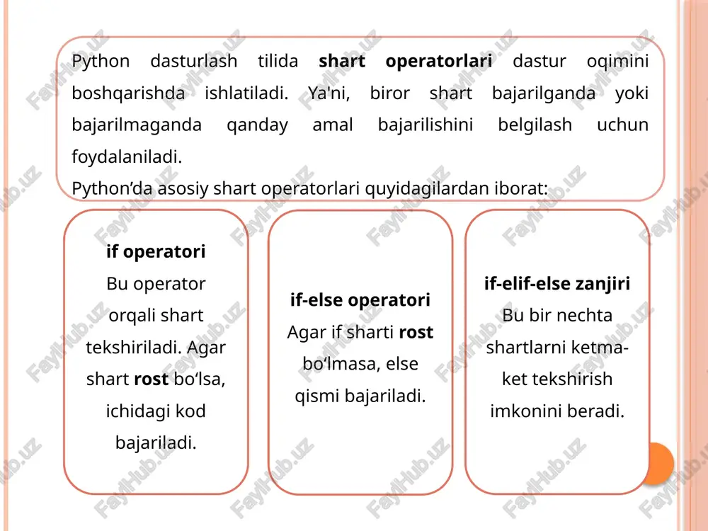 un ishlatiladi. masalan, kirish_ruxsat = false if not kirish_ruxsat: print("kirish taqiqlangan.") or operatori or ingliz tilidan "yoki" deb tarjima qilinadi, va ikki va undan ko'p shartlardan biri bajarilishini tekshirishda ishlatiladi. topshiriq. hafta kuni berilgan bo’lsin, agar shanba yoki yakshanba bo’lsa bugun dam olish kuni, aks holda ish kuni degan xabarni chiqarsin. masalani qo’yilishi. ixtiyoril hafta o’zgaruvchisini tekshirsin, agar shanba yoki yakshanba bo’lsa dam olish kuni yozuvini chiqasin aks holda ish kuni. python dasturi: hafta kunini kiriting? yakshanba dam olish kuni ! and operatori and ingliz tilidan "va" deb tarjima qilinadi, va ikki va undan ko'p shartlarning barchasi bajarilishini tekshirishda ishlatiladi. and operatori bilan yozilgan shartlarning barchasi bajarilgandagina true qiymati qaytadi, agar shartlardan biri bajarilmay qolsa ham false qiymati qaytadi. butun tipga tegishli x o‘zgaruvchi berilgan. uning qiymatiga mos keluvchi f funksiyaning butun qiymati hisoblansin. python dasturi: x ga qiymat kiriting: 3 f(x)= 6 mustaqil yechish uchun topshiriqlar masala 1. natural …