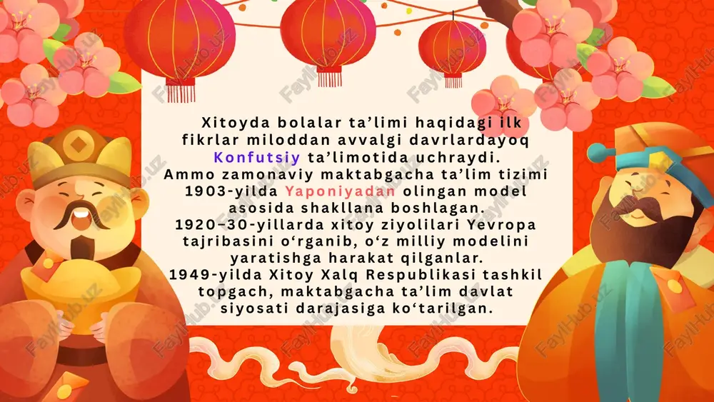 kabi yirik shaharlarda: 15 000 – 18 000 yuan (≈ 25 350 000 – 30 420 000 so‘m) 4. yangi boshlovchi yoki amaliyotchi tarbiyachilar: 4 000 – 6 000 yuan (≈ 6 760 000 – 10 140 000 so‘m) xitoyda 2024-yil holatiga ko‘ra 51 million bola maktabgacha ta’lim bilan qamrab olingan. bog‘chalar soni 290 mingdan oshgan, ularning 70 foizi davlat tasarrufida. image9.png image10.svg image11.png image1.png image2.svg image3.png image4.png image5.png image6.png image7.png image8.svg image12.png image13.png image14.png image15.png image20.png image16.png image17.png image18.png image19.png image21.png image22.png image23.png image24.png image33.png image34.svg image25.png image26.png image27.svg image28.png image29.png image30.png image31.png image32.svg image43.png image44.svg image45.png image46.svg image47.png image48.svg image49.png image50.svg image51.png image52.svg image35.png image36.svg image37.png image38.svg image39.png image40.svg image41.png image42.svg image59.png image60.png image53.png image54.png image55.png image56.png image57.png image58.png image61.png image64.png image65.svg image66.png image67.png image68.svg image62.png image63.png /docprops/thumbnail.jpeg