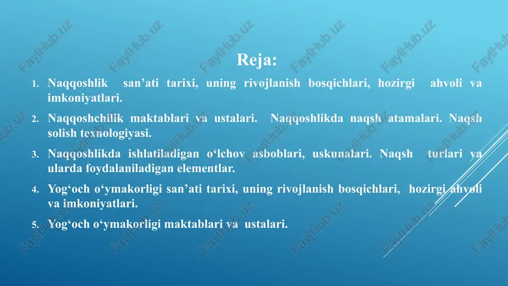 san'ati o'zbekistonning turistik jozibadorligini oshiradi va sayyohlarga o'zbek madaniyati bilan yaqindan tanishish imkoniyatini beradi. 2 hunarmandchilikni rivojlantirish naqqoshlik san'atini rivojlantirish orqali mahalliy hunarmandlarga ish o'rinlari yaratish va o'zbek hunarmandchiligini rag'batlantirish mumkin. 3 xalqaro aloqalar naqqoshlik san'atini xalqaro miqyosda targ'ib qilish orqali o'zbekistonning madaniy obro'sini oshirish va jahon xalqlariga o'zbek san'ati haqida ma'lumot berish mumkin. 5 naqqoshlik maktablari va ustalari ta'lim markazlari o'zbekistonda naqqoshlik san'atini o'rganish mumkin bo'lgan bir qancha ta'lim markazlari va maktablar mavjud. mashhur ustalar naqqoshlik san'ati sohasida bir qator mashhur ustalar mavjud bo'lib, ular o'zlarining noyob uslublari bilan mashhur. m.ibrohimovaning oliy majlis binosi uchun ishlagan eshiklari malayziyadan kelti-rilgan palma daraxtidan (subtropik zona) tayyorlangani sabab, faqatgina an’anaviy be-zak vazifasini bajarib qolmay, zamonaviy boshqa talablarga xam javob berdi. ular 2,5x8,2 m., qalinligi 40,5 sm. o‘lchamda bo‘lib, sirtiga asosan "o‘simlik-islimiy", "gajak-simon" va "zanjira" naqshlarining turlari o‘yilgan. o'zaro hamkorlik naqqoshlik san'atini rivojlantirish uchun ta'lim muassasalarining tajribali ustalar bilan hamkorlik qilish muhimdir. 6 …