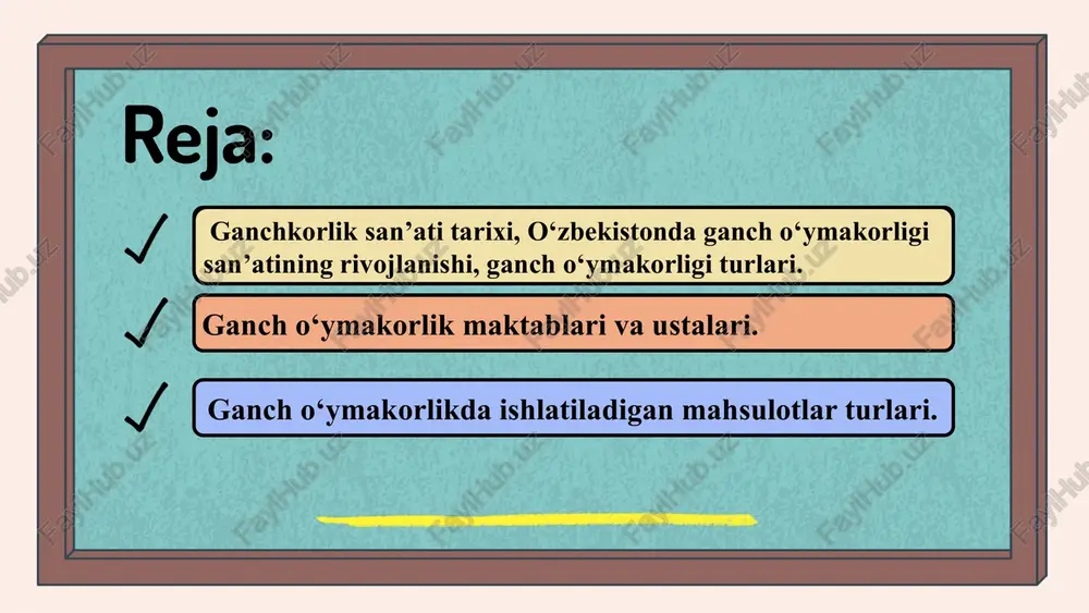 ini va ahamiyatini ta’kidlaydi. zamonaviy ganchkorlik san’atida yangi texnologiyalar va materiallar qo‘llanilmoqda. o‘zbek ganchkorlari xalqaro bozorga kirishga harakat qilmoqda, bu esa ularning ishlarini global miqyosda tanitishga yordam beradi. mahalliy uslublarni saqlagan holda, ganchkorlar yangi uslublar va dizaynlarni ishlab chiqmoqda. ganch o‘ymakorligi turlari ganch o‘ymakorligi bir nechta turlarga bo‘linadi: 1. **an’anaviy ganch o‘ymakorligi**: bu tur asosan xalq san’ati asosida rivojlanib, turli an’anaviy naqshlar va dizaynlar bilan bezatiladi. misol tariqasida, o‘zbekistonning an’anaviy ganchkorligi, xususan, shisha va yog‘och buyumlarni bezashda keng qo‘llaniladi. 2. **sanoat ganch o‘ymakorligi**: ushbu tur ishlab chiqarish jarayonida foydalaniladigan texnologiyalarni o‘z ichiga oladi. misol uchun, mebel ishlab chiqarishda avtomatlashtirilgan mashinalar orqali ganch o‘ymakorligi amalga oshiriladi. 3. **san’at ganch o‘ymakorligi**: bu tur ijodiy yondashuvni talab qiladi va san’at asarlarini yaratishga qaratilgan. ganchkorlar o‘z ijodiy tasavvurlarini amalga oshirish uchun turli materiallardan foydalanadilar. ### materiallar va usullar: ganchkorlik san’atida asosan yog‘och, metall, va tosh kabi materiallar qo‘llaniladi. usullar esa asboblar yordamida naqshlar o‘yish, …