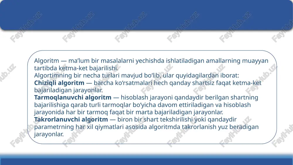 mchiligi chiziqli har bir elementni tekshiradi o(n) tartiblanmagan ro‘yxatlar uchun ham ishlaydi tezligi past kata ro‘yxatlar uchun binar o‘rtadan bo‘lib qidiradi o(log n) tez ishlaydi faqat tartiblangan ro‘yxatlar uchun ishlaydi yuqoridagi qidiruvlarning bir-biridan farqlari quyidagi jadvalda keltirilgan: e’tiboringiz uchun rahmat image1.png image2.png image3.png image4.png image5.png image6.png /docprops/thumbnail.jpeg