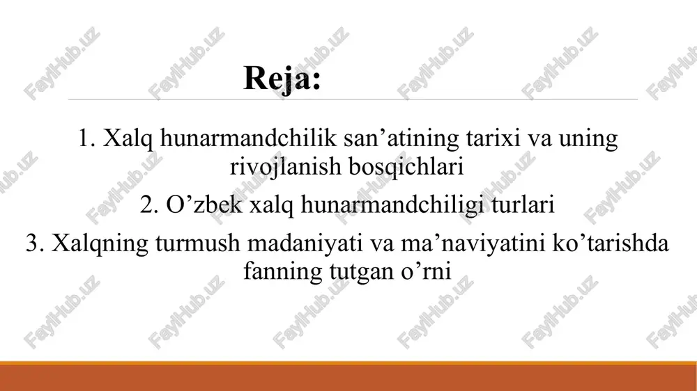 uyma naqsh va tasvir ishlashga qulayligi esa ganch oʻymakorligini rivojlantirgan. 2.naqqoshlik san’ati naqqoshlik, naqshkorlik — amaliy sanʼatning qadimiy turi; naqsh yaratish kasbi; naqqosh usta qogʻozga yoki matoga naqsh mujassamotini yoki naqsh taqsimini chizib oladi (ayniqsa, girih va islomiy kabi murakkab naqshlarda), taxta, andoza tayyorlaydi. amaliy sanʼat ustalari 2 xil usulda bezak yaratadilar: naqqoshlar tayyorlagan taxta, andoza yordamida hamda naqsh (gul) toʻgʻridan-toʻgʻri bezash jarayonida ustalar tasavvurining mahsuli si-fatida yaratiladi. naqqoshlikda naqsh, bezakni malakali naqqosh ustalar chizib beradilar, bunday naqshlarni meʼmorlik, gilamchilik, kashtadoʻzlik, kandakorlik va boshqa dagi naqsh mujassamotlarida birday uchratish mumkin. naqsh yaratish ustadan did, mahoratdan tashqari qunt, uzoq mashq-malaka talab qiladi. naqqoshlar oʻtmishda xalq ustalarining eng bilim-don, isteʼdodli qismini tashkil etgan, ular ustozlarda turli fanlardan taʼlim olgan, turli (adabiyot, musiqa, tarix, kimyo, matematika)ni yaxshi bilgan. 3.yog’och o’ymakorligi yogʻoch oʻymakorligi — oʻymakorlik turi, hunarmandlikning qadimiy va keng tarqalgan sohasi. yogʻochni kesib, oʻyib, chizib, zaminni teshib naqsh, boʻrtma shakllar hosil qilib, yogʻoch …