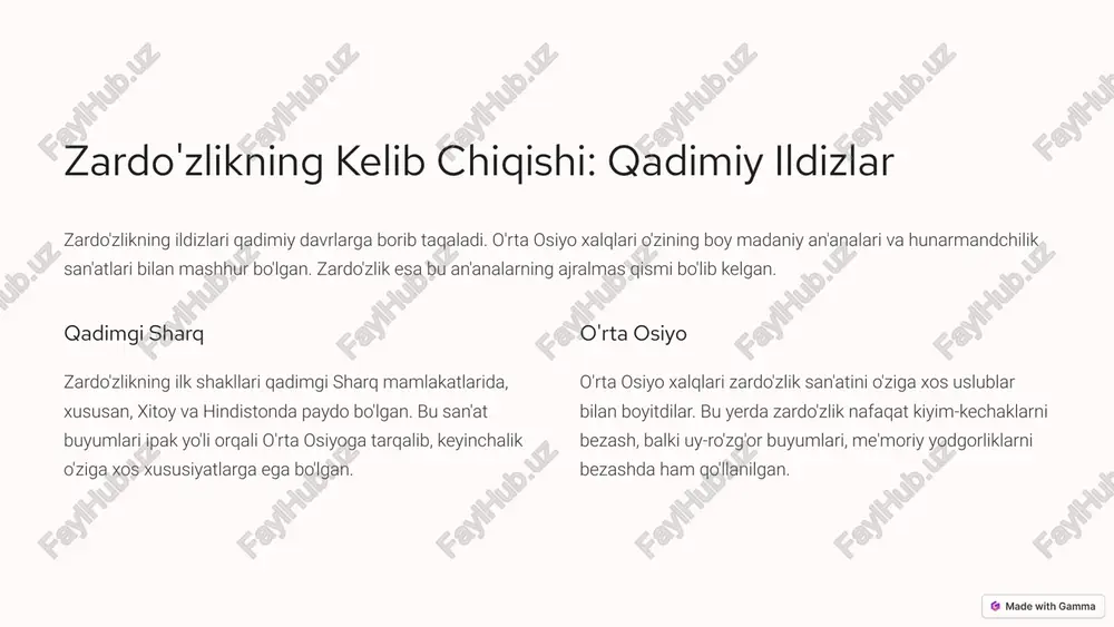 tiradi. naqshlar va ranglar o'zbek xalqining hayot tarzini, urf-odatlarini va e'tiqodlarini aks ettiradi. o'ziga xos texnikalar o'zbek zardo'zlik san'ati o'ziga xos texnikalar bilan mashhur. zardo'zlik buyumlari juda nozik va murakkab texnikalar bilan yaratilgan. 4 mashhur zardo'zlik ustalar: ijodkorlar o'zbekiston tarixida zardo'zlik san'atiga ulkan hissa qo'shgan ko'plab mohir ustalar bo'lgan. ularning har biri o'ziga xos uslubi, texnikasi va ijodiy yondashuvi bilan ajralib turgan. 1 tilla-qo'sh tilla-qo'sh zardo'zlik ustasi va o'z davrining eng mashhur hunarmandlaridan biri bo'lgan. uning buyumlari o'ziga xos naqshlari va go'zalligi bilan ajralib turadi. 2 oybek qo'sh oybek qo'sh esa o'zbek zardo'zlik san'atini xalqaro miqyosda tanitishda muhim rol o'ynagan. uning buyumlari ko'plab xalqaro ko'rgazmalarda namoyish etilgan. 3 ravshan xudoyberdiyev ravshan xudoyberdiyev zamonaviy zardo'zlik ustalaridan biri bo'lib, u o'ziga xos uslubi va ijodiy yondashuvi bilan ajralib turadi. u zardo'zlik san'atini zamonaviy tendentsiyalar bilan uyg'unlashtirib, yangi naqshlar va uslublarni yaratadi. 5 zardo'zlik buyumlarining turlari: go'zallik va xilma-xillik zardo'zlik san'ati turli xil …