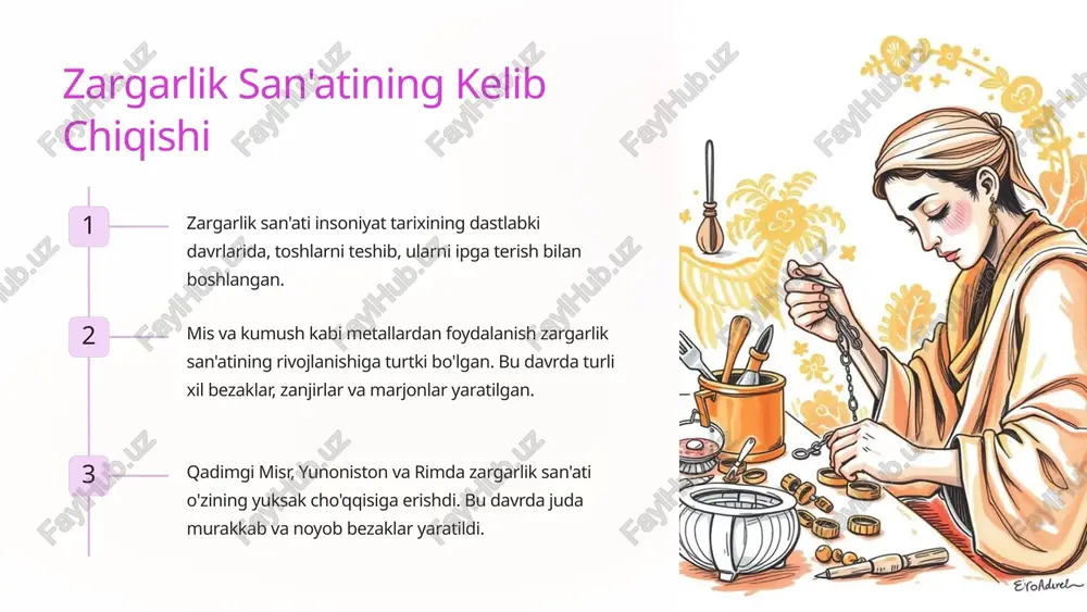 qimmatlilik baxsh etadi. 5 zargarlik buyumlari: shakl va bezak 1 zanjirlar zanjirlar turli xil shakl va uzunliklarda bo'ladi. 2 marjonlar marjonlar turli xil toshlar, metallar va shakllarda bo'ladi. 3 uzuklar uzuklar har xil o'lcham va shakllarda, toshlar bilan yoki toshlarsiz bo'ladi. 4 sirg'alar sirg'alar zargarlik san'atining eng mashhur turlaridan biri hisoblanadi. 6 milliy uslubda zargarlik 1 milliy naqshlar zargarlik buyumlarida o'zbek xalqining boy madaniyati va an'analari aks etadi. 2 ranglar uyqunligi zargarlik buyumlari yorqin ranglar va o'ziga xos ranglar palitrasida yaratilgan. 3 nozik ishlanma o'zbek zargarlari noyob hunarmandchilik bilan zargarlik buyumlarini yaratadilar. 7 zargarlik san'atining me'rosi 1 tarixiy qiymat zargarlik buyumlari o'zining tarixiy ahamiyati bilan qimmatlidir. 2 madaniy meros zargarlik buyumlari o'zbekistonning boy madaniy merosini aks ettiradi. 3 etnografik ahamiyat zargarlik buyumlari xalqning turmush tarzi, urf-odatlari va an'analarini aks ettiradi. 8 zamonaviy zargarlik 9 zargarlik san'atining kelajagi zargarlik san'ati o'zining go'zalligi va qimmatligi bilan insoniyatni hayratda qoldiradi. ushbu san'atni saqlash …