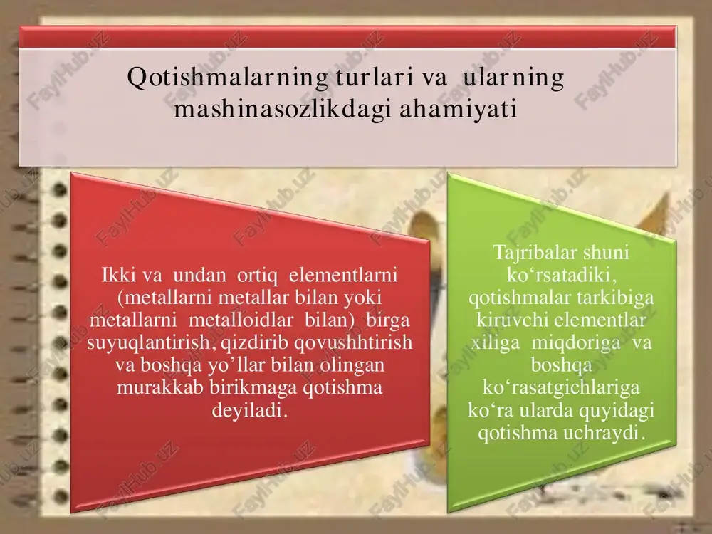 amchi kristallanishh jarayonida o‘zaro reaksiyaga kirishhunivchi natijasida hosil bo‘lgan (am vp) birikmalar kimyoviy birikmalar deyiladi. qotishmalarning holat diagramalari va ularning tuzilishi qotishma komponentlarining konsentrasiyasi va temperaturasi o‘zgarganda fazalarining qanday holatda bo‘lishhini ko‘rsatuvchi diagramma shuni qotishmaning holat diagramasi deyiladi. bu diagramma eng kichik erkin energiyali barqaror fazalar holatini ko‘rasatgani uchun bu diagramma qotishmaning muvozanat diagrammasi deb ataladi. qotishmalarning holat diagrammasidan kristallanish davrida faza (struktura) larning hamda ularga ko‘ra xossalarining o‘zgarishi kuzatiladi. qotishmalar holat diagrammasi fazalar miqdori va uni aniqlash yo‘llari • 1873 -1878 yillarda d.gibs muvozanat holatidagi qotishmalarni erkinlik darajasi bilan komponentlar, fazalar va o‘zgaruvchan tashqi omillar (temperatura, bosim)ning bog‘liqligini ko‘rsatuvchi matematik ifoda - fazalar qoidasini yaratadi. sqk-fqut • bu yerda k - komponentlar soni, f- fazalar soni,ut - o‘zgaruvchan tashqi omillar. • agar o‘zgarmas bosimli va konsentrasiyali qotishmaning faqat temperaturasi o‘zgarsa, unda yuqoridagi formula quyidagi ko‘rinishga ega bo‘ladi. sqk-fq1 • bu formulani sof metall va ikki komponentli qotishmaga tatbiq etib …