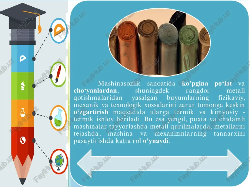 zdirib, shu temperaturada ma’lumi vaqt tutib turgach, asta-sekin sovutish yumshatish deyiladi. bo‘shatish. toblash. normallash. yumshatish. termik ishlash quyidagi gruppalarga bo‘linadi: metallarga kimyoviy-termik ishlov berish past temperaturada yumshatish, po‘lat buyumlar sovuqlayin bosim ostida ishlaganda, vujudga keluvchi ichki kuchlanishhlarni, mo’rtlikni yo‘qotish maqsadida bajariladi. akademik a.a.bochvar past temperaturada yumshatish temperaturasini quyidagicha aniqlashni tavsiya etadi. uglerodli po‘latlar uchun sovutuvchi muhit sifatida, ko‘pincha sovuq suvdan, ligerlangan po‘latlar uchun esa mineral moylar va boshqa eritmalardan foydalaniladi. . • tarkibidagi uglerod 0,25% dan kam bo‘lgan po’latlar amalda toblanmaydi, chunki uglerodning kamligi austenitning martensit strukturaga o‘tish temperaturasini ko‘tarib, toblashda vujudga keluvchi qattiq eritmaning parchalanishiga sabab bo‘ladi. toblangan po‘lat buyumlardagi ichki kuchlanishhlarni kamaytirish maqsadida bo‘shatiladi ligerlovchi elementlarni po’latlarning xususiyatiga ta’siri. ligerlovchi elementlar po‘latlarning konstruksion mustahkamligini oshirish uchun kiritiladi. ligerlangan po‘latlar sifatli, yuqori sifatli va o‘ta yuqori sigatli bo‘ladi. ularni toblashdan so‘ng ishlatiladi, chunki ular yumshatilgandan so‘ng oddiy uglerodlik po‘lat xususiyatiga o‘xshab qoladi. mexanik xususiyatning yaxshilanishiga sabab ligerlovchi elememtlarning ferritning …