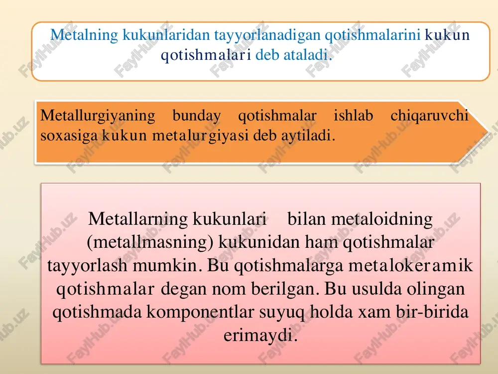 uzasi pardozlanadi va qisman g‘ovakligi kamayadi. kesib ishlashda - olingan maxsulotga tashqi va ichki rezba ochiladi, mayda chuqur teshiklar parmalanadi va murakkab shakldagi detallarga, matritsa, shtamplarga ishlov beriladi. ximiko-termik ishlovga - azodlash, sionlash kiradi. bu opersiyalarni odatdagidek metallarga ishlov bergandek bajariladi. elektrofizik usulda - elektrouchqunlik va elektroimpulslik ishlov beriladi. bu usulda murakkab shakldagi detallar uchun ishlov beriladi. qattiq qotishmalar va mineralokeramika • qattik qotishmalar qiyin eruvchan karbidlar asosida tayyorlanadi, ular yuqori qattiqlikka, mustahkamlikka, ishqalanishda yedirilmaslikka va o‘tga chidamli xususiyatga ega bo‘ladi. bu xususiyatlar yuqori temperaturada ham saqlanib qoladi (800°s-1000°s). • qattiq qotishmalar olinishiga qarab quyma va metallokeramikaliga bo’linadi, kukunning qovushtirib volfram va titan karbidlari, tantalning kobalt bilan birikamasini hosil qiladi. oxirgisini kiritishdan maqsad qotishmaning qovushqoqlik xususiyatini oshirishdir. metalokeramik qattiq qotishmalar bu qotishmalar volfram (wc), titan (tic), tantal (tas) karbidlarning metallik koboltdagi qattik eritmasi. metallokeramik qotishmalardan tayyorlangan plastinka metall kesuvchi keskichlarni ishchi qismi bo’lib xizmat qiladi (rezetslar, parma, frezalar). metallokeramik qattik …