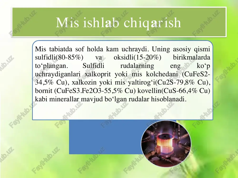n rudalarda, masalan, boksitlarda (40-60 % al2o3; 16-35 fe2o3; 3-13 % sio2; 2-4 % tio2; 1-3 % cao; 10-18 % h2o) qo‘llaniladi. bu uslub al2o3 ni ishqorga [al(oh)3] aylantirishga asoslangan bo‘lib, bu tarzda boyitilgan ruda tarkibida 85-90 % al2o3 bo‘ladi. 2. kislotali uslub tarkibida fe2o3 nisbatan kamroq bo‘lgan kaolinlardan al2o3 olishda qo‘llanilib fe2o3 ning kislotada erishi va al2o3 ning erimasligiga asoslangan. 3. elektrolitik uslub tarkibida al2o3 ham, fe2o3 ham ko‘p bo‘lgan tog‘ jinslarida qo‘llaniladi. magniy olish uslublari tarkibidan magniy ajratib olinadigan rudalarning asosiylari quyidagilar: 1. magnezit (mgco3 –28,8% mg); 2.dolomit (mgco3.caco3-13,5%mg); 3.karnalit (mgcl.kcl.6n2o-8,8%mg); 4.bishofit (mgcl2.6n2o-12% mg) titan ishlab chiqarish texnologiyasi tarkibida titan bo’lgan minerallar 70 dan ortiq bo‘lsada, titan ishlab chiqarishda ularnig quyidagi 3 ta turidan foydalaniladi: 1. rutil (90% tio2) rangli qizil jigar ranggacha bo‘lgan olmosdek yaltiroq mineral. 2. ilmenit (tio2. feo-40- 42% tio2) qo‘ng‘ir- qoramtir tusli yaltiroq mineral. 3. titanit (cao.sio2.tio 2) rangi sariqdan qoragacha bo‘lgan tarkibi o‘zgaruvchan …
