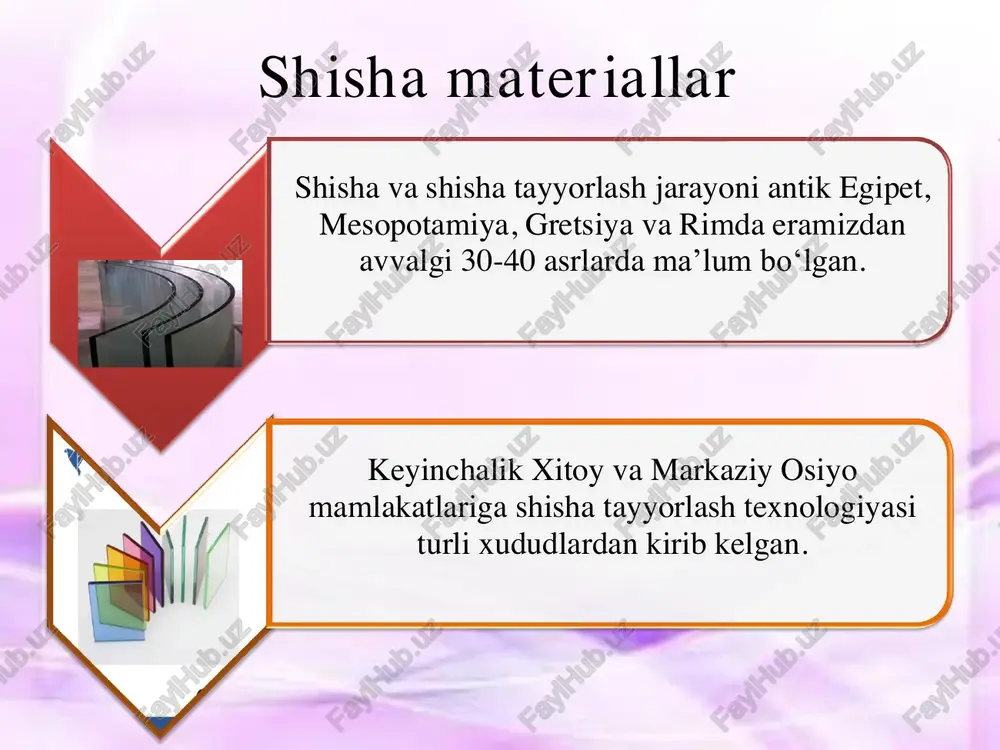 inishida bo‘lib, gorizontal prokatlash datsgoqlarida 600mm gacha uzunlikda qirqib tayyorlanadi. shisha bloklar qolipga quyib yoki presslab tayyorlangan ikkita yarim blokni o‘zaro payvandlab hosil qilinadi. yuqori haroratda payvandlash jarayonida blok ichidagi havo qisman yonib va kengayib siyraklashadi. shuning uchun shisha bloklar yuqori issiq va shovqin to‘sish xususiyatiga ega. shisha paketlar hosil qilish uchun ikki yoki bir nechta oynaklar perimetri bo‘ylab germetik qilib birlashtiriladi. oynaklar orasidagi masofa 15- 20mm. silikat materiallar ishlab chiqarish silikat g‘isht ishlab chiqarish uchun oxak(6- 8%) va kvarts qumi aralashmasi presslanib avtoklavda qotiriladi. natijada 75, 100, 125, 1 50 va 200 markalik g‘ishtlar hosil bo‘ladi. g‘isht mutsahkamligini avtoklav jarayonida hosil bo‘ladigan gidrosilikat: cao+h2o+sio2 =caosio2h2o; va avtoklavdan keyingi qurish jarayonida hosil bo‘ladigan karbonatlar ta’minlaydi: ca(oh)2+co2 = caco3+h2o; silikat betonlar ham avtoklav yordamida olinib, ularni ishlab chiqarish quyidagi bosqichlarda amalga oshiriladi: beton qorishmasini tayyorlash, mahsulotlarni shakllantirish, 8- 12atm.bosimlik avoklavda ishlov berish. ularning mutsahkamligi oxak kremnezemlik bog‘lovchi sifatiga, suvqbog‘lovchi nisbatiga, ishlov …