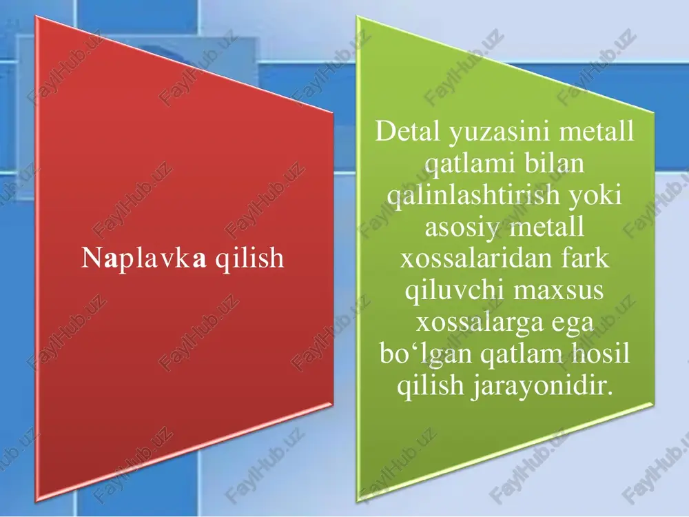 mniyning ko‘pliga, juda past plastikliga cho‘yanlarning payvandlanuvchanligani juda qiyinlashtiradi. payvandlash natijasida quymada oq cho‘yan strukturasiga ega bo‘lgan qatlam va darzlar paydo bo‘lishi mumkin. payvandlash asosan cho‘yan kuymalardagi kamchiliklarni tuzatish hamda cho‘yan detallarni remont qilish uchun qo‘llaniladi. e’tiboringiz uchun raxmat!