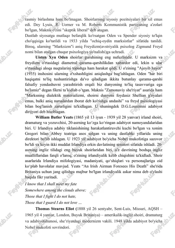 qildi. bu davr ingliz adabiyotining rivojlanishida kommunistlar ralf foks, kristofer kaudvel va jon kornford boshchiligidagi marksistik pozitsiyalarni himoya qiluvchi yosh yozuvchi va shoirlarning katta guruhi muhim rol o'ynadi. bu bosqich adabiyot tarixiga oksford maktabi nomi bilan kirgan 30-yillardagi yosh shoirlar faoliyatidan boshlandi. guruhning asosini oksford universiteti bitiruvchilari uisten xyu oden, sesil dey lyuis, stiven spender, luis maknis tashkil etdi. ilg’or marksist yozuvchilar va tanqidchilar foks, koduell va kornfordlar oksford shoirlarini o'zlarining ittifoqchilari deb bilishgan, garchi ularning asosiy farqlari darhol sezilmasada, ular bilan g'oyaviy-estetik xarakterdagi bir qator masalalarda munozara qilganlar. odatiy ma'noda she'riy maktab hali shakllangani yo'q edi. "yangi imzolar" paydo bo'lishidan oldin, ba'zi shoirlar deyarli tanish emas edi, hatto keyinchalik rasmiy birlashma ham bo'lmagan. shoirlarning siyosiy pozitsiyalari bir xil emas edi. dey lyuis, r. uorner va m. roberts kommunistik partiyaning a'zolari bo'lgan, maknis o'zini "skeptik liberal" deb atagan. dastlab siyosatga mutlaqo befarqlik ko'rsatgan oden va spender siyosiy to'lqin cho'qqisiga ko'tarildi …