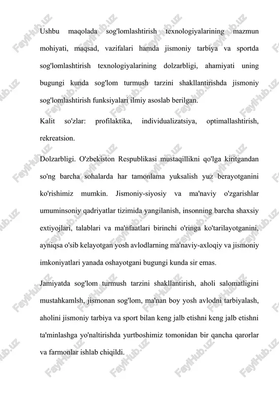 r, mutaxassislar zimmasiga tushadi. mamlakatimizda amalga oshirilayotgan "kadrlar tayyorlash milliy dasturi"ga muvofiq, o'sib kelayotgan yosh avlodni jismoniy va ma'naviy salomatligini shakllantirishning, sog'lom turmush tarziga intilish va mehr muhabbatini singdirishining g'oyat muhim sharti ommoviy sportni rivojlantirishdir." bundan tashqari jismoniy tarbiya o'qituvchilari, sport mutaxassislarining, ustoz- murabbiylaming chuqur bilim, yuksak malaka, boy tajriba va mahoratga ega bo'lishi har tamonlama yetuk,ma'naviy barkamol kadrlar tayyorlashning garovidir. organizmdagi moddalar almashinuvi jarayoni bajarilayotgan ish darajasiga moslahsadi.mustaqil o'zbekiston respublikasining strategik vazifalaridan biri-kelajakdagi barcha ezgu ishlarni amalga oshirishga qodir bo'lgan jismoniy sog'lom va ma'naviy barkamol shahsni voyaga yetkazishdan iborat. bu vazifalarni amalga oshirish uchun nazariy bilimlarni chuqur o'rganishimiz, sog'lom turmush tarzini shakllantirish va takomillashtirishda yangi bilimlarni egallashimiz, zamon talablari darajasida ta'lim texnologiyalaridan foydalanib, kelajak avlod vakillarini vatanparvar, o'z kasbining yetuk bilimdon egasi qilib tarbiyalamog'imiz darkordir. bu yo'lda ta'lim va tarbiya berish barobarida o'quv ishlarini rejalashtirishga hamda ularni samarali olib borishga yangicha va ijodiy qarashimiz, ishga tashabbuskorlik bilan yondoshmog'imiz kerak. …