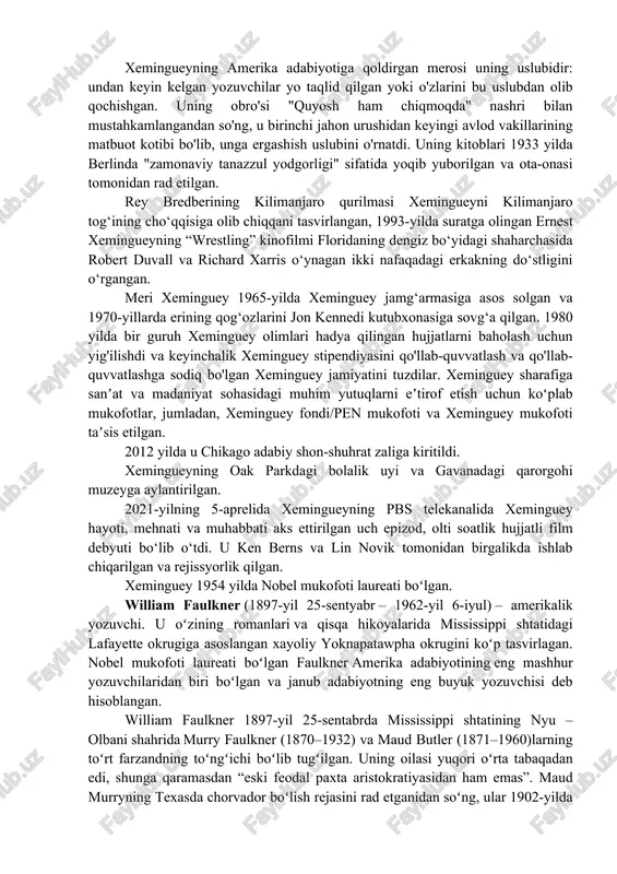 ishilar bilan birga iztirobga tushadilar, xavf-xatardan qutulish choralarini izlaydilar. ikkinchi jahon urushidan keyin hemingway ijodida yangi davr boshlangan. biroq bu davrda yozilgan “xavfli yoz” va “okeandagi orollar” romanlari avvalgilariga qaraganda badiiy jihatdan ancha boʻsh asarlar sanaladi. lekin maʼlum muddat oʻtib, hemingway insonning ruhiy xolatini tadqiq etish bilan jamiyatdagi mavjud vaziyatni ochib berishga qodir asarlarni yaratdi. badiiy jihatdan ancha yuksak boʻlgan “daryoning naryogʻida, daraxtlar soyasida” (1950) romani, “chol va dengiz” (1952) qissasi hemingwayga katta shuhrat keltirdi. hemingway 20 – asrda oʻzigagina xos boʻlgan qatʼiy xolislikka asoslangan xarakterli uslubni yaratdiki, keyinchalik amerika qit’asidan yetishib chiqqan yozuvchilar bu uslubga tez-tez murojaat qiladigan boʻlishdi. “chol va dengiz”, “alvido, qurol” va boshqa asarlari oʻzbek tiliga tarjima qilingan. xemingueyning amerika adabiyotiga qoldirgan merosi uning uslubidir: undan keyin kelgan yozuvchilar yo taqlid qilgan yoki o'zlarini bu uslubdan olib qochishgan. uning obro'si "quyosh ham chiqmoqda" nashri bilan mustahkamlangandan so'ng, u birinchi jahon urushidan keyingi avlod vakillarining matbuot kotibi …