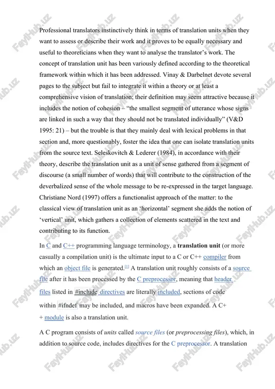 reprocessor, meaning that header files listed in #include directives are literally included, sections of code within #ifndef may be included, and macros have been expanded. a c++ module is also a translation unit. a c program consists of units called source files (or preprocessing files), which, in addition to source code, includes directives for the c preprocessor. a translation unit is the output of the c preprocessor – a source file after it has been preprocessed. preprocessing notably consists of expanding a source file to recursively replace all #include directives with the literal file declared in the directive (usually header files, but possibly other source files); the result of this step is a preprocessing translation unit. further steps include macro expansion of #define directives, and conditional compilation of #ifdef directives, among others; this translates the preprocessing translation unit into a translation unit. from a translation unit, the compiler generates an …