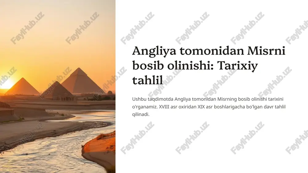angliya siyosiy hayotga katta ta'sir ko'rsatdi. misrning mustaqilligi cheklandi. 8 xulosa va xulosalar angliya tomonidan misrning bosib olinishi misr tarixida muhim voqea bo'ldi. bu mamlakatning ijtimoiy-iqtisodiy va siyosiy hayotiga katta ta'sir ko'rsatdi. 9 image1.png image2.png image3.png image4.png image5.png image6.png image7.png image8.png image9.png image10.png image11.png image12.png image13.png
