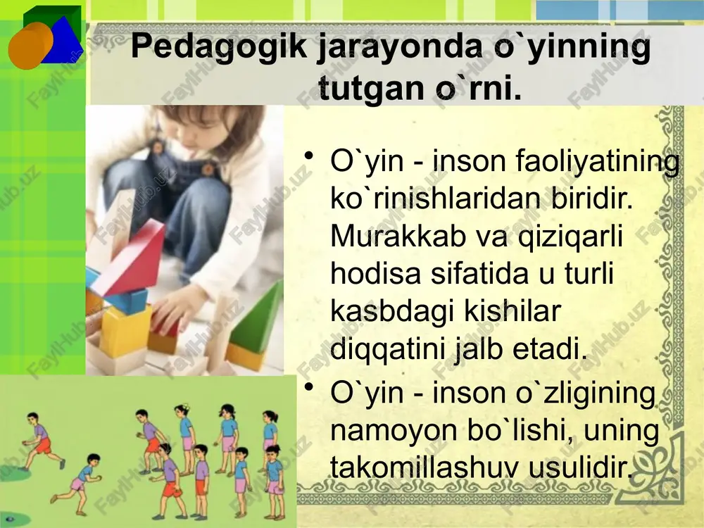 y rivojlanishida o’yinning ahamiyati o’yin faqat bilish jarayonlarini takomillashtirib qolmay balki bolaning xulq-atvoriga ham ijobiy ta'sir ko’rsatadi. bog’cha yoshidagi bolalarda o’z xulqini boshqarish ko’nikmalarini tarkib toptirishga bog’lik psixologik muammoni o’rgangan z.v.manuylekoning fikricha, biror maqsadra yu-naltirilgan mashg’ulotga nisbatan yyinda xulk kuknikmalarini oldinroq va osonroq egallash mumkin. 6 bola ruhiy rivojlanishida o’yinning ahamiyati bolaning aqliy o`sishi haqida fikr yuritilganda, shuni ham aytib o`tish kerakki narsalarni yangi nom bilan atashda yoki yangicha nomlash holatidan kelib chiqib, sub'ekt o’yin paytida faol hapakat qilishga urinadi. chunki u moddiy narsalarga asoslangan harakat rejasidan tasavvur qilinayotgan, fikr yuritilayotgan jismlar mohiyatini aks ettiruvchi harakat rejasiga o`tadi. 7 bola ruhiy rivojlanishida o’yinning ahamiyati bola jismlarning moddiy shaklidan birdaniga hayoliy ko`rinishga o`tishida unga tayanch nuqtasi bo’lishi kerak, vaholanki shunday tayanch nuqtasi vazifasini o`tovchi narsalarning aksariyatidan o`yinda bevosita, ob'ekt sifatida foydalaniladi. o’yin faoliyatida mazkur jismlar qandaydir alomatlarni aks ettiruvchi sifatida emas, balki ana shu tayanch narsalar to’g’risida fikrlash uchun xizmat qiladi, …